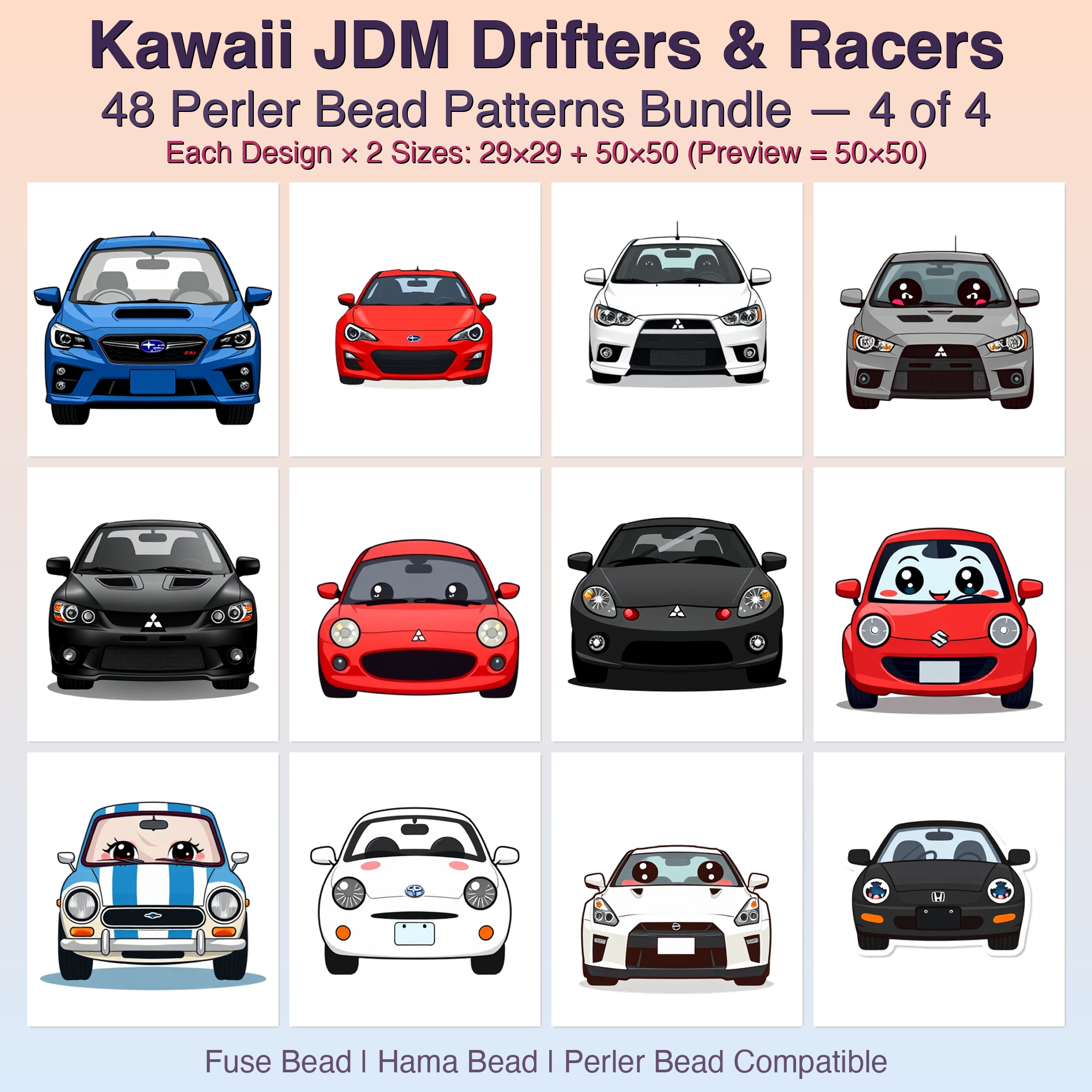 Kawaii JDM Drifters & Racers Perler Bead Patterns Bundle, 48 Designs (PDF Digital Download)