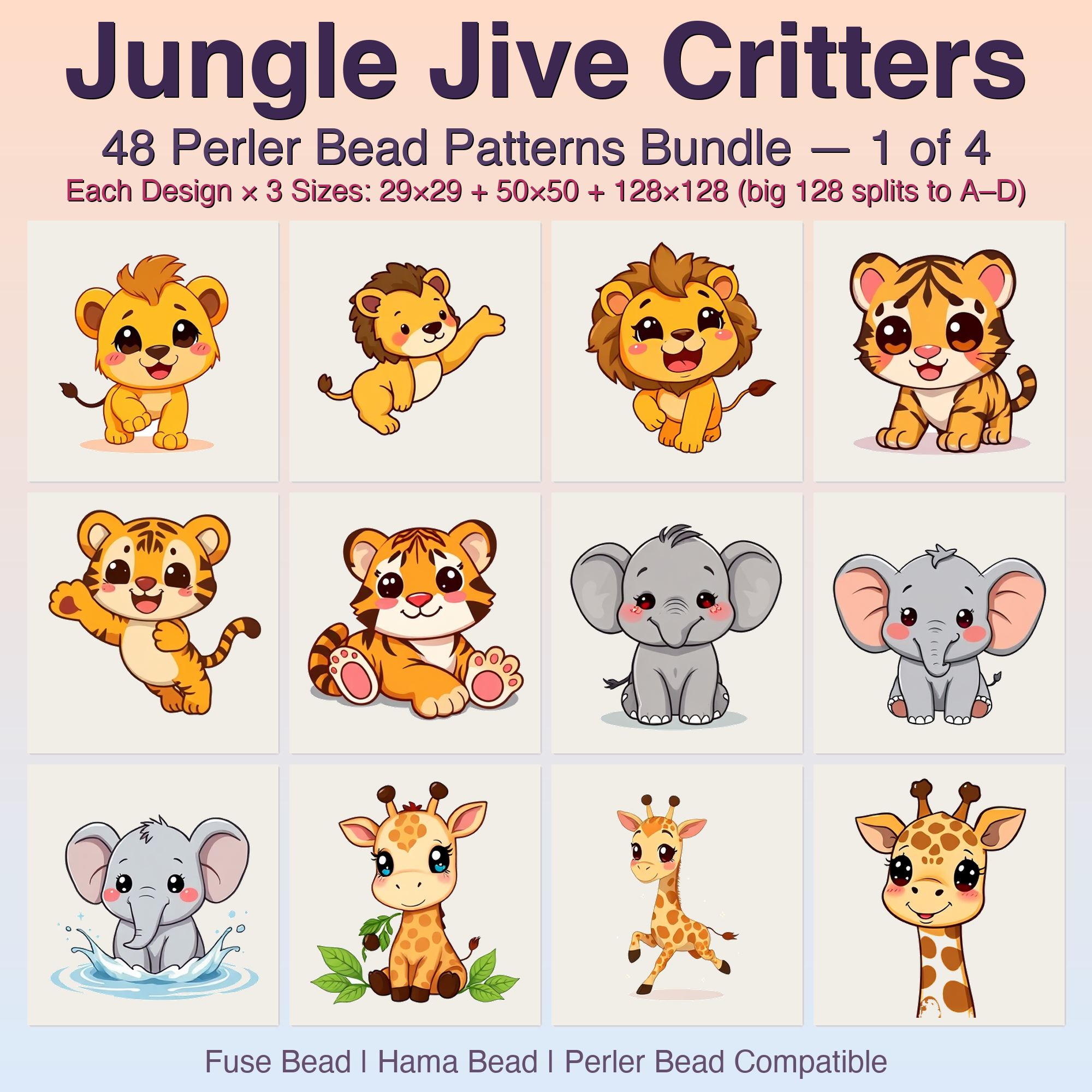 Jungle Jive Critters Perler Bead Patterns, 48 Designs x 3 Grid Sizes (29x29 + 50x50 + 128x128), Fuse Bead PDF Digital Download