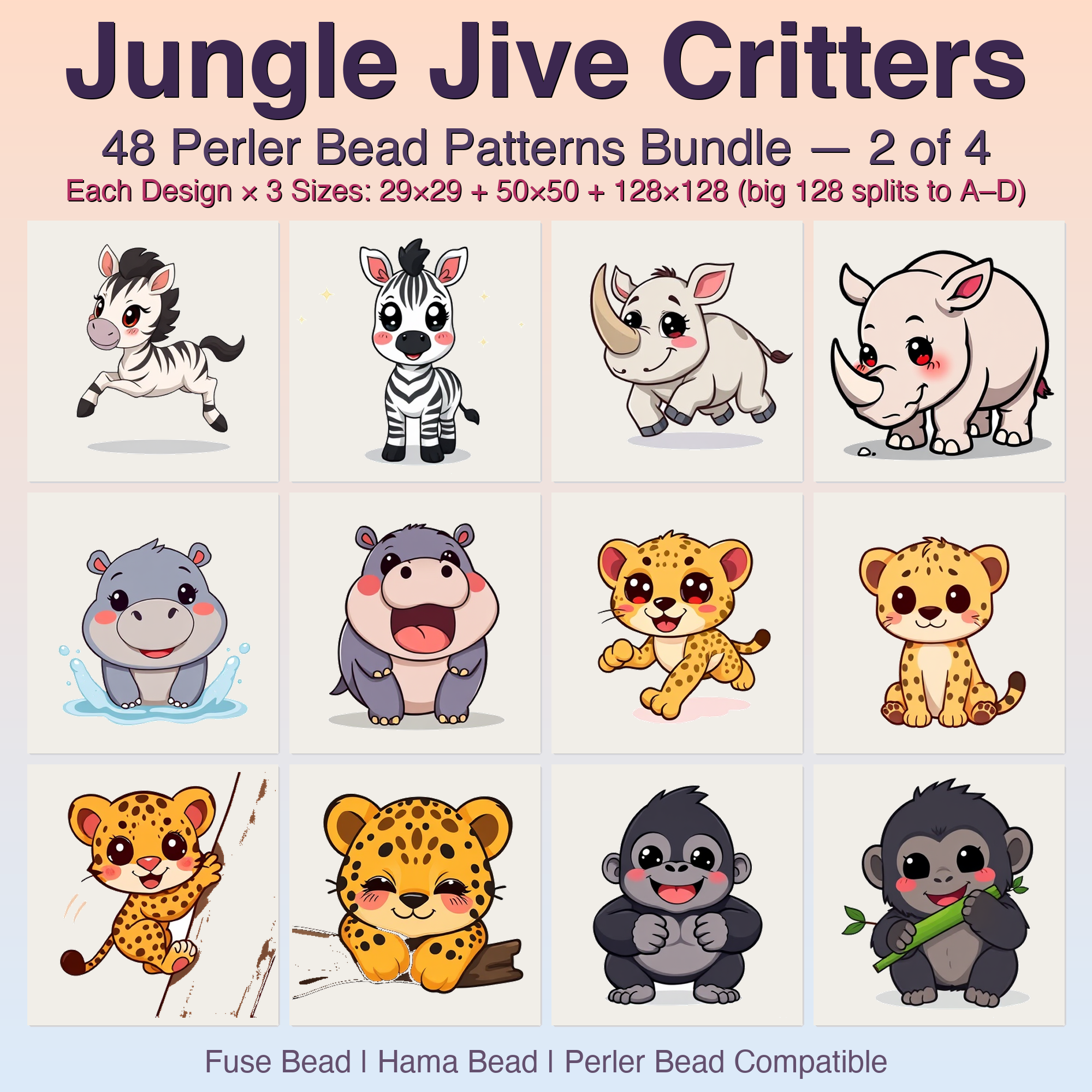 Jungle Jive Critters Perler Bead Patterns, 48 Designs x 3 Grid Sizes (29x29 + 50x50 + 128x128), Fuse Bead PDF Digital Download