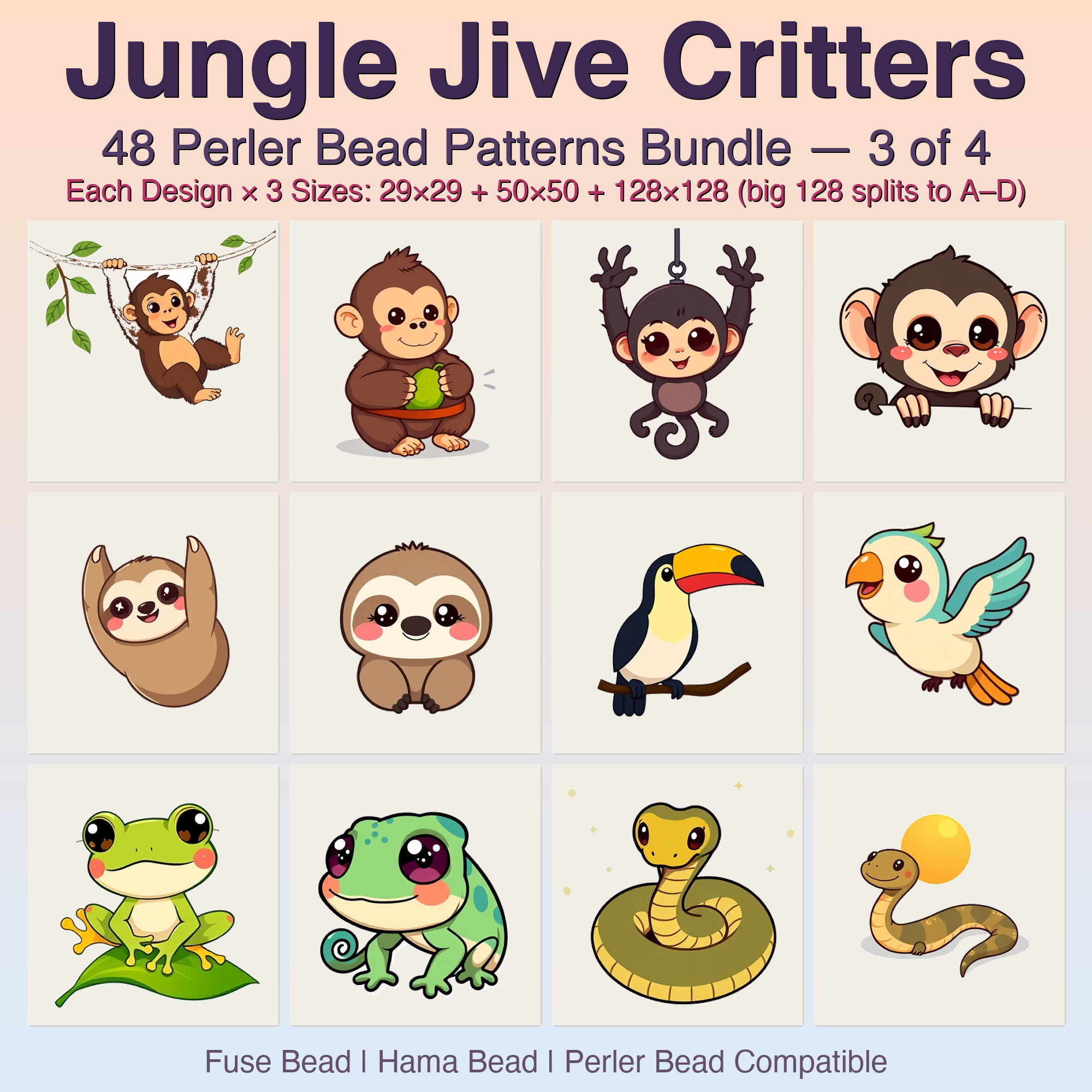 Jungle Jive Critters Perler Bead Patterns, 48 Designs x 3 Grid Sizes (29x29 + 50x50 + 128x128), Fuse Bead PDF Digital Download