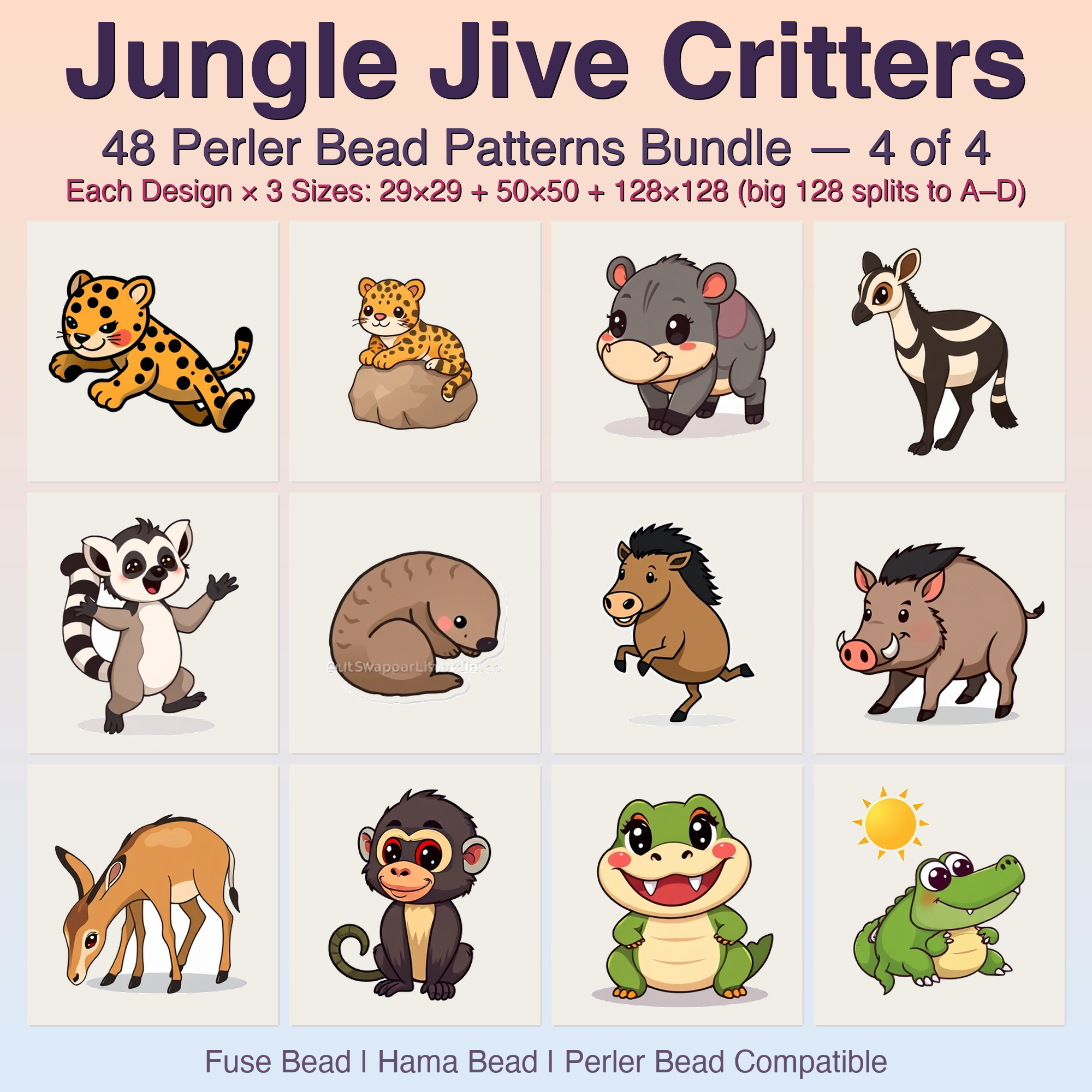 Jungle Jive Critters Perler Bead Patterns, 48 Designs x 3 Grid Sizes (29x29 + 50x50 + 128x128), Fuse Bead PDF Digital Download