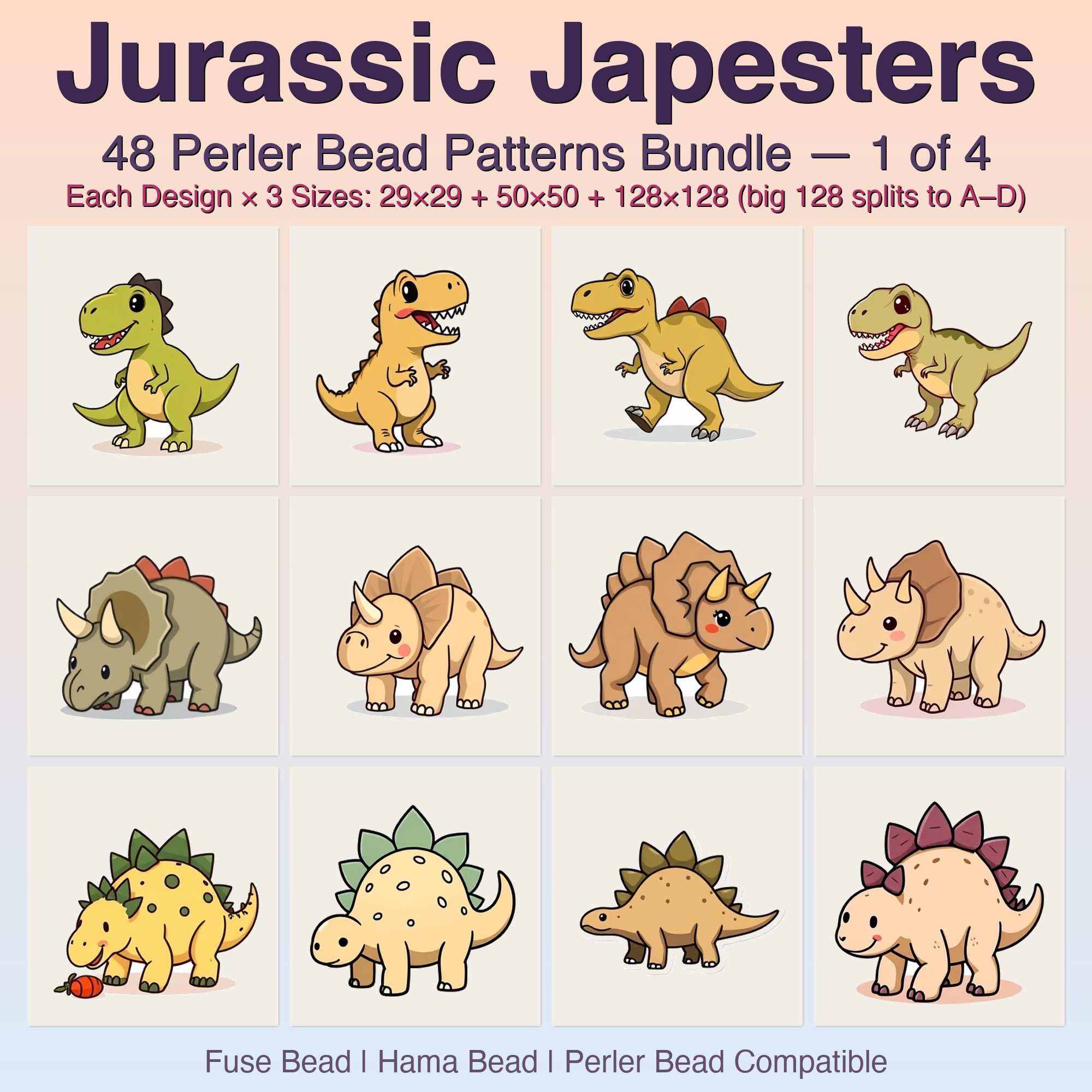 Jurassic Japesters Perler Bead Patterns, 48 Designs x 3 Grid Sizes (29x29 + 50x50 + 128x128), Fuse Bead PDF Digital Download