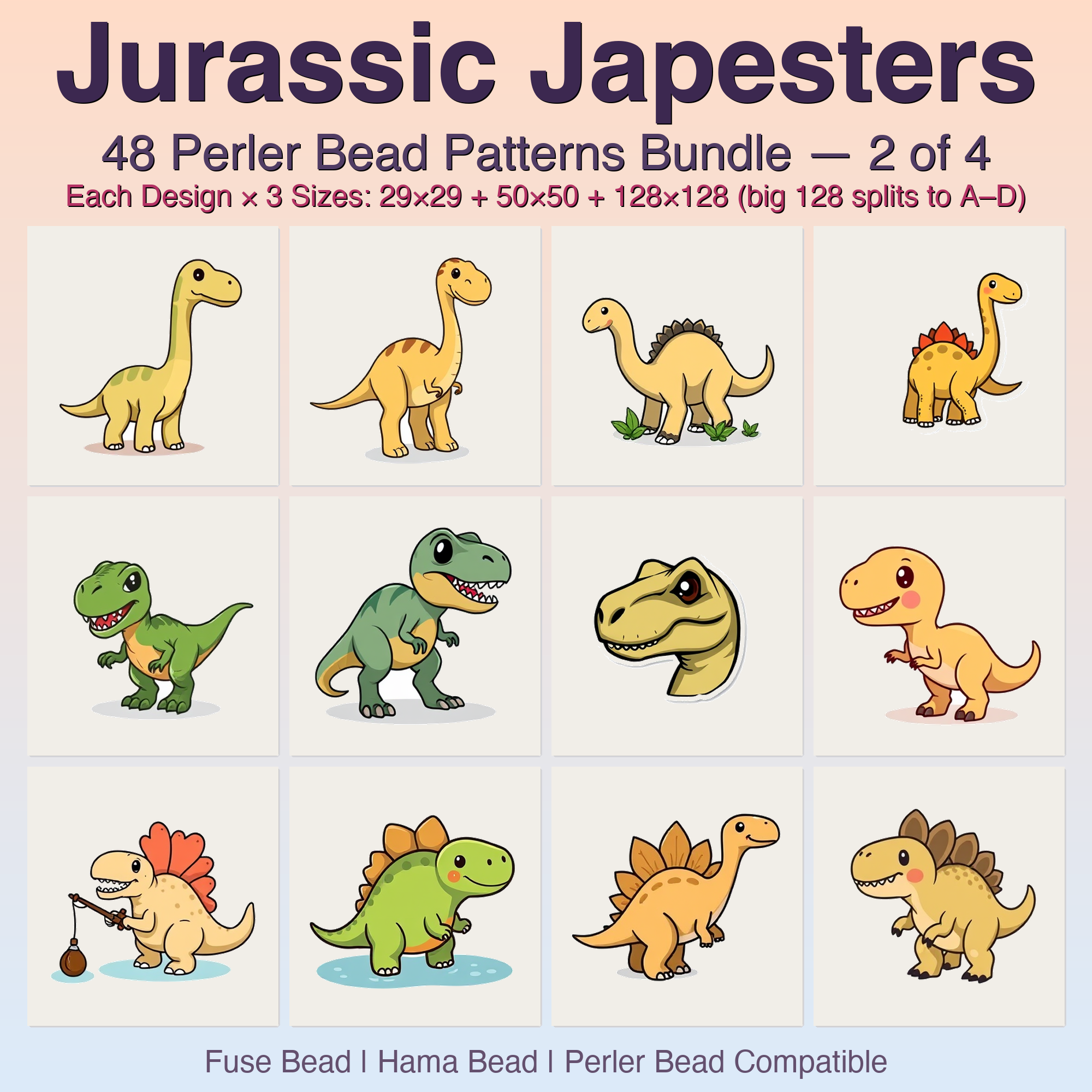 Jurassic Japesters Perler Bead Patterns, 48 Designs x 3 Grid Sizes (29x29 + 50x50 + 128x128), Fuse Bead PDF Digital Download