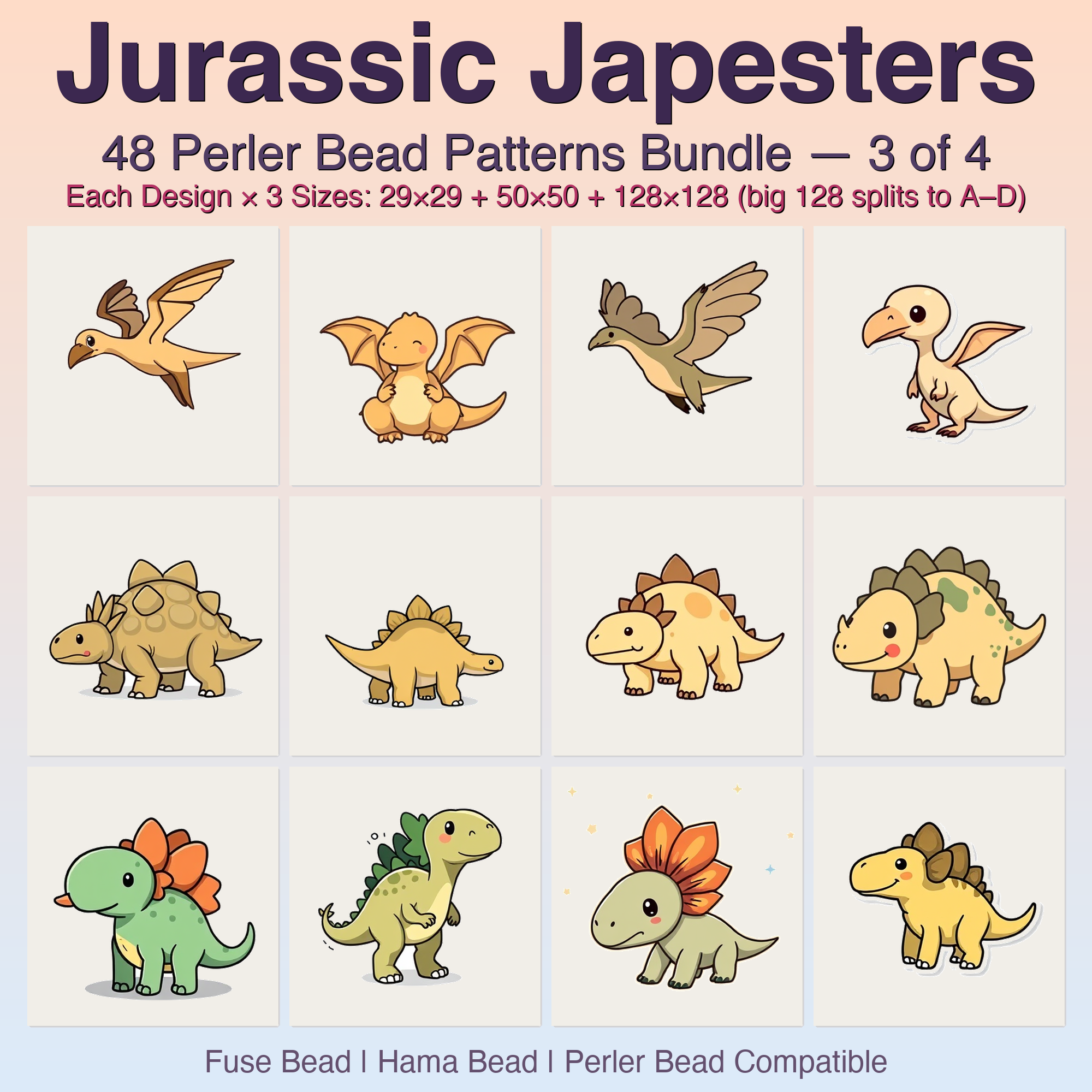 Jurassic Japesters Perler Bead Patterns, 48 Designs x 3 Grid Sizes (29x29 + 50x50 + 128x128), Fuse Bead PDF Digital Download