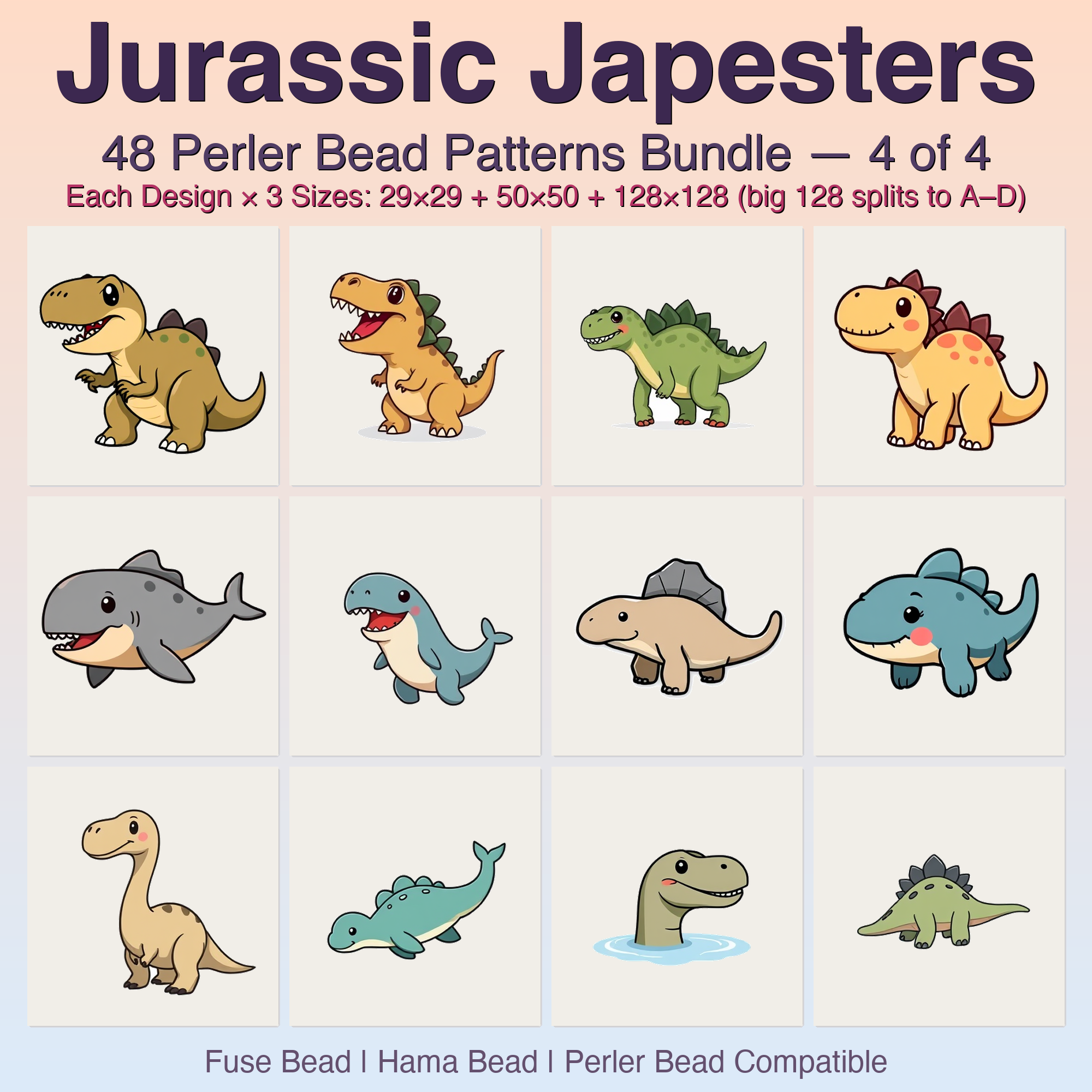Jurassic Japesters Perler Bead Patterns, 48 Designs x 3 Grid Sizes (29x29 + 50x50 + 128x128), Fuse Bead PDF Digital Download