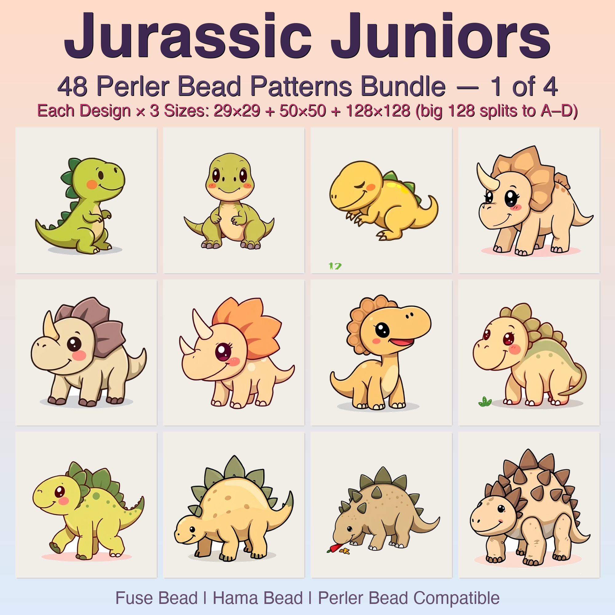 Jurassic Juniors Perler Bead Patterns, 48 Designs x 3 Grid Sizes (29x29 + 50x50 + 128x128), Fuse Bead PDF Digital Download