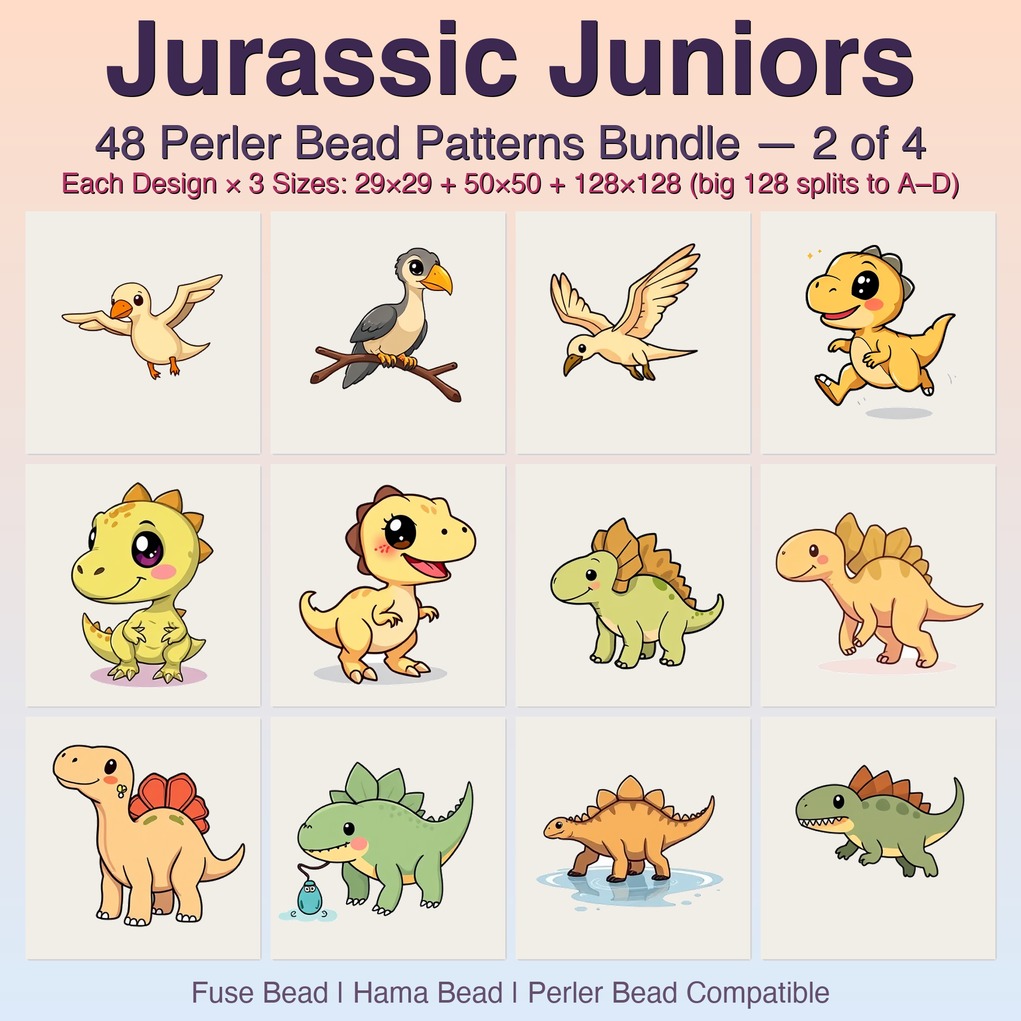 Jurassic Juniors Perler Bead Patterns, 48 Designs x 3 Grid Sizes (29x29 + 50x50 + 128x128), Fuse Bead PDF Digital Download