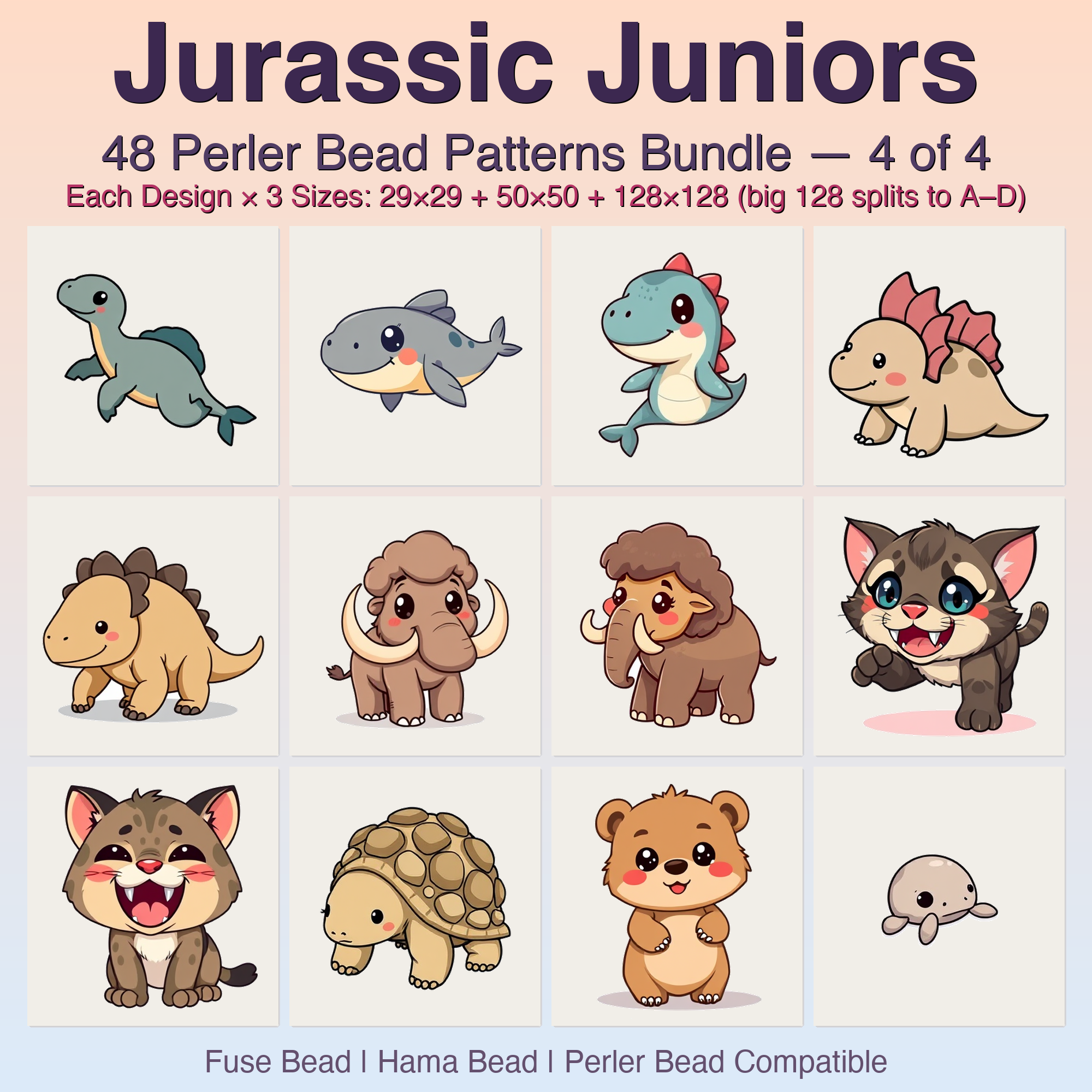 Jurassic Juniors Perler Bead Patterns, 48 Designs x 3 Grid Sizes (29x29 + 50x50 + 128x128), Fuse Bead PDF Digital Download