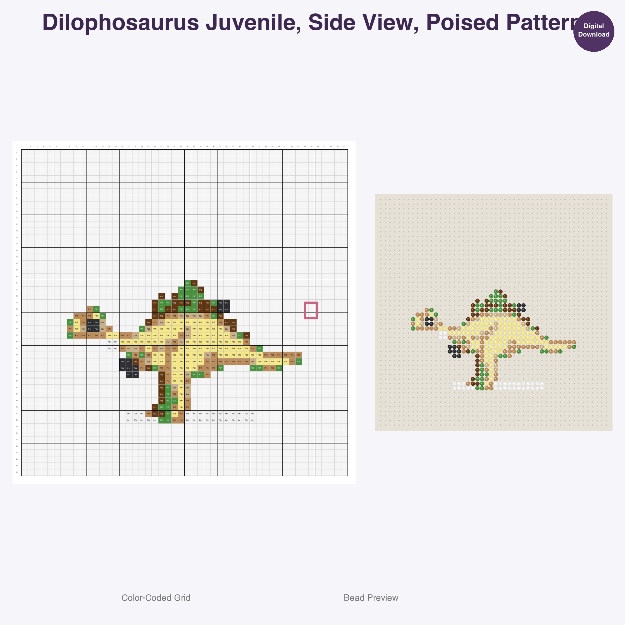 Jurassic Juniors Perler Bead Patterns, 48 Designs x 3 Grid Sizes (29x29 + 50x50 + 128x128), Fuse Bead PDF Digital Download