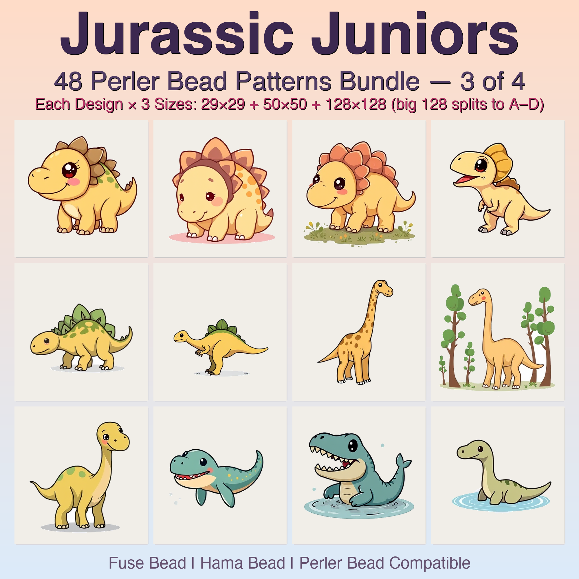 Jurassic Juniors Perler Bead Patterns, 48 Designs x 3 Grid Sizes (29x29 + 50x50 + 128x128), Fuse Bead PDF Digital Download