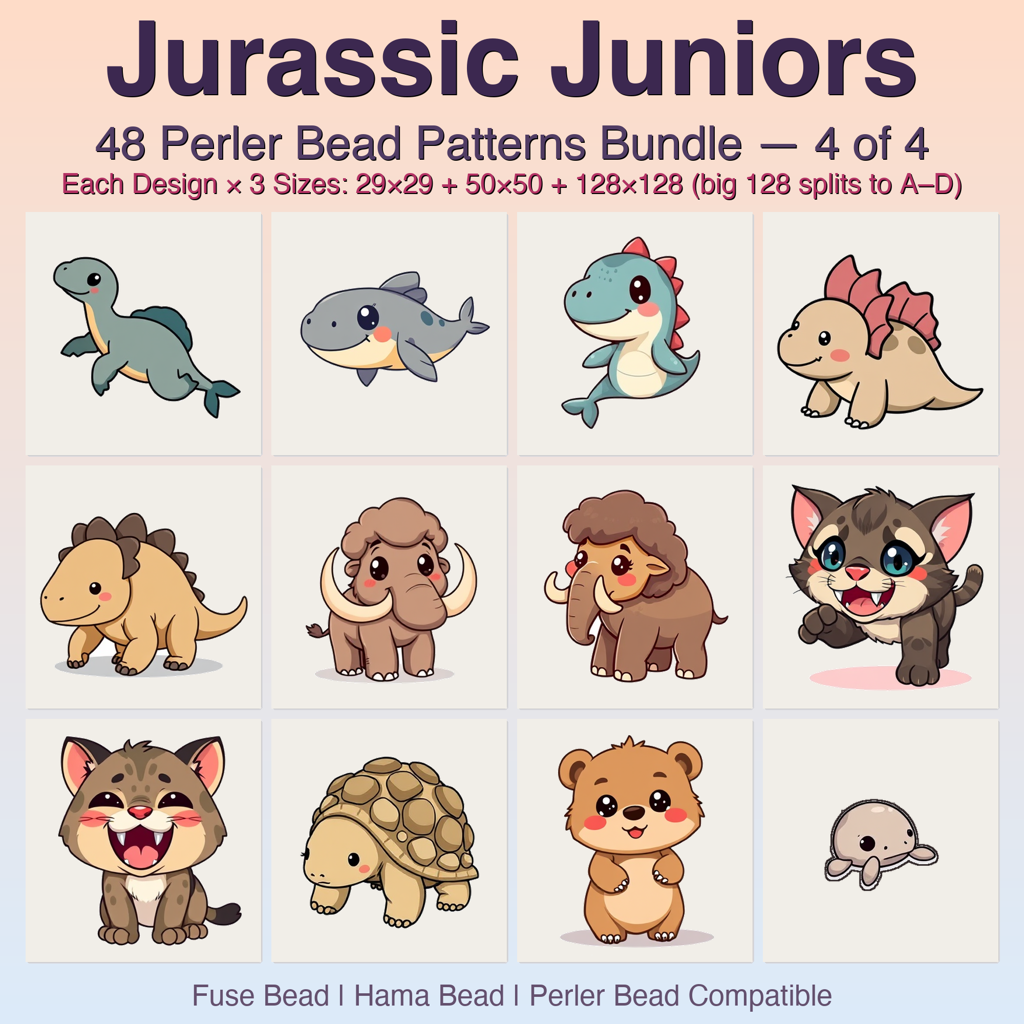 Jurassic Juniors Perler Bead Patterns, 48 Designs x 3 Grid Sizes (29x29 + 50x50 + 128x128), Fuse Bead PDF Digital Download
