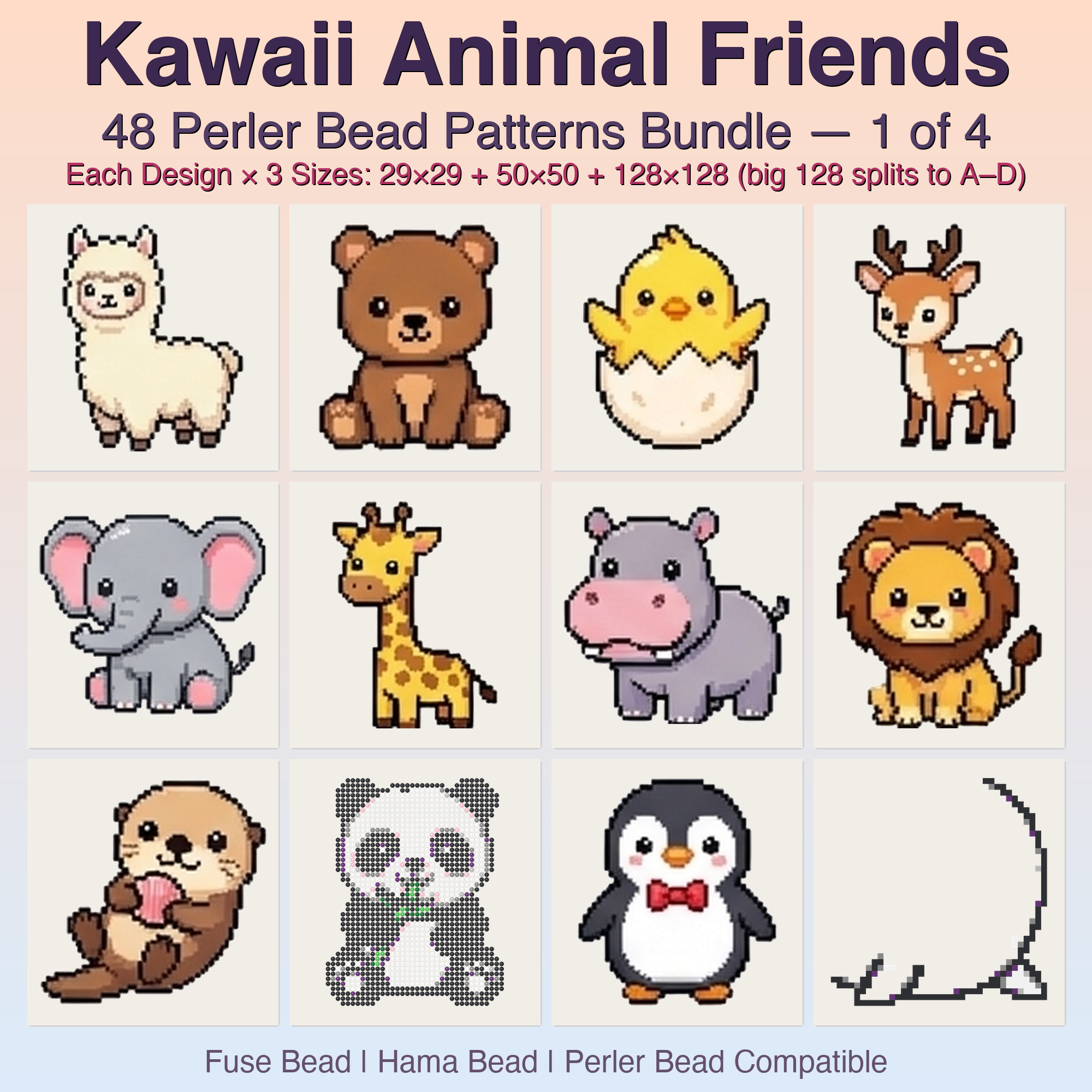 Kawaii Animal Friends Perler Bead Patterns, 48 Designs x 3 Grid Sizes (29x29 + 50x50 + 128x128), Fuse Bead PDF Digital Download