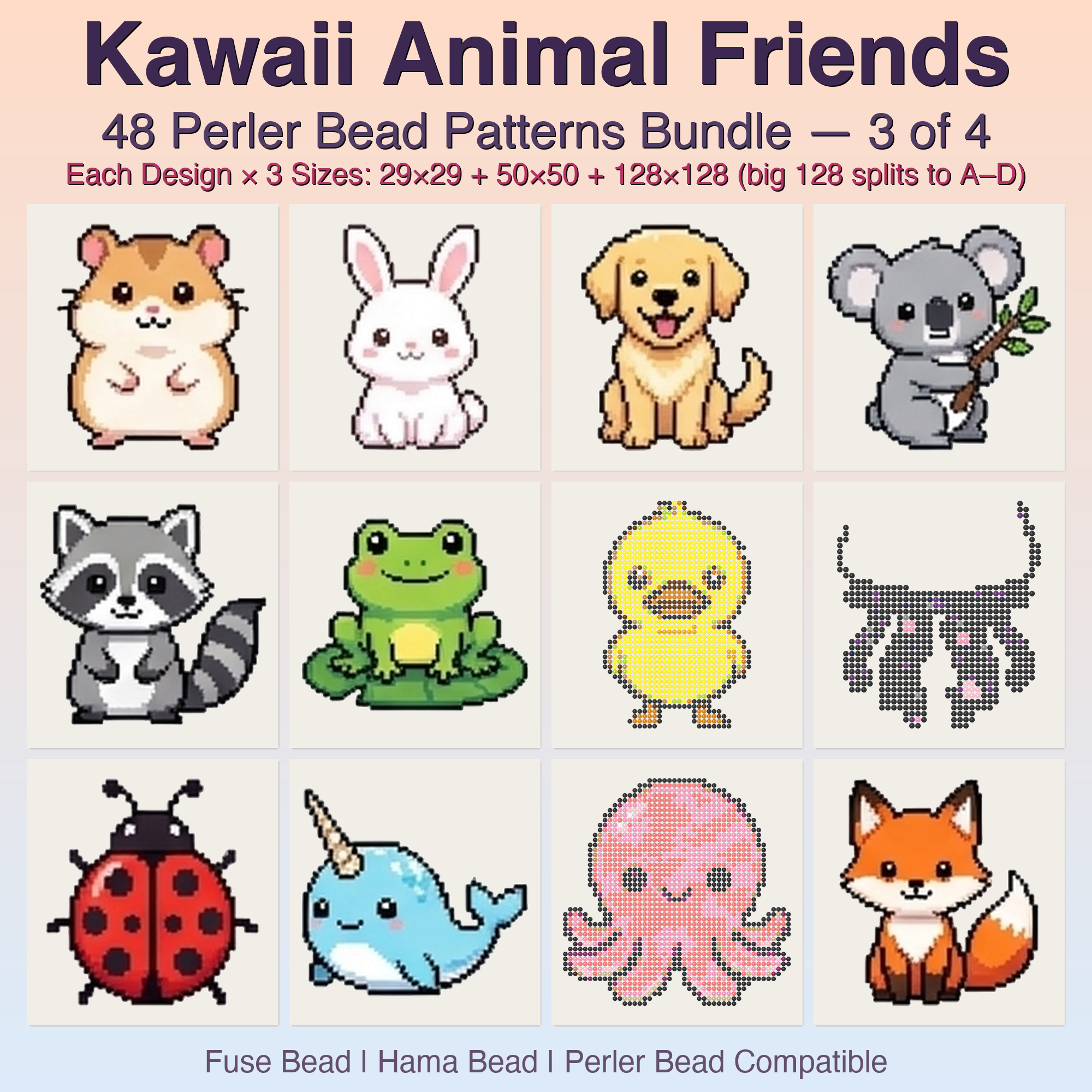 Kawaii Animal Friends Perler Bead Patterns, 48 Designs x 3 Grid Sizes (29x29 + 50x50 + 128x128), Fuse Bead PDF Digital Download