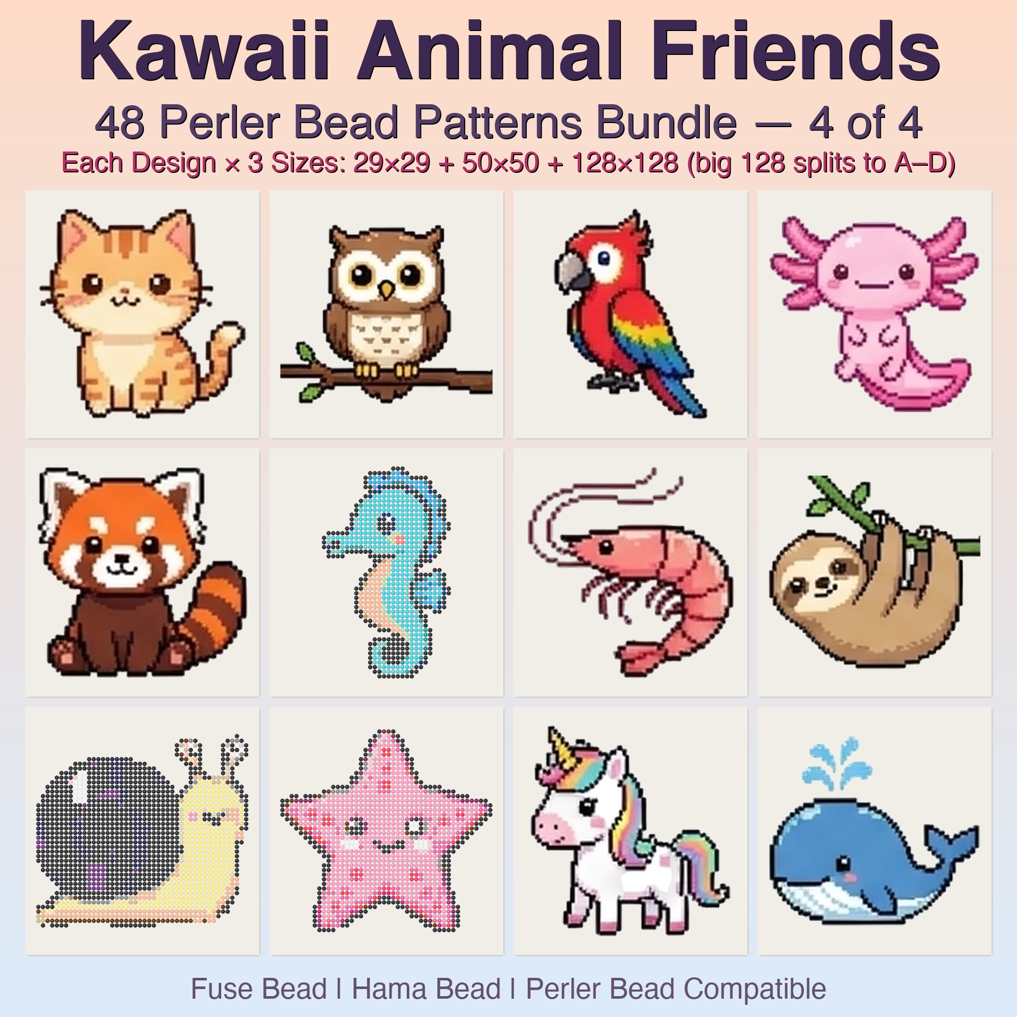 Kawaii Animal Friends Perler Bead Patterns, 48 Designs x 3 Grid Sizes (29x29 + 50x50 + 128x128), Fuse Bead PDF Digital Download