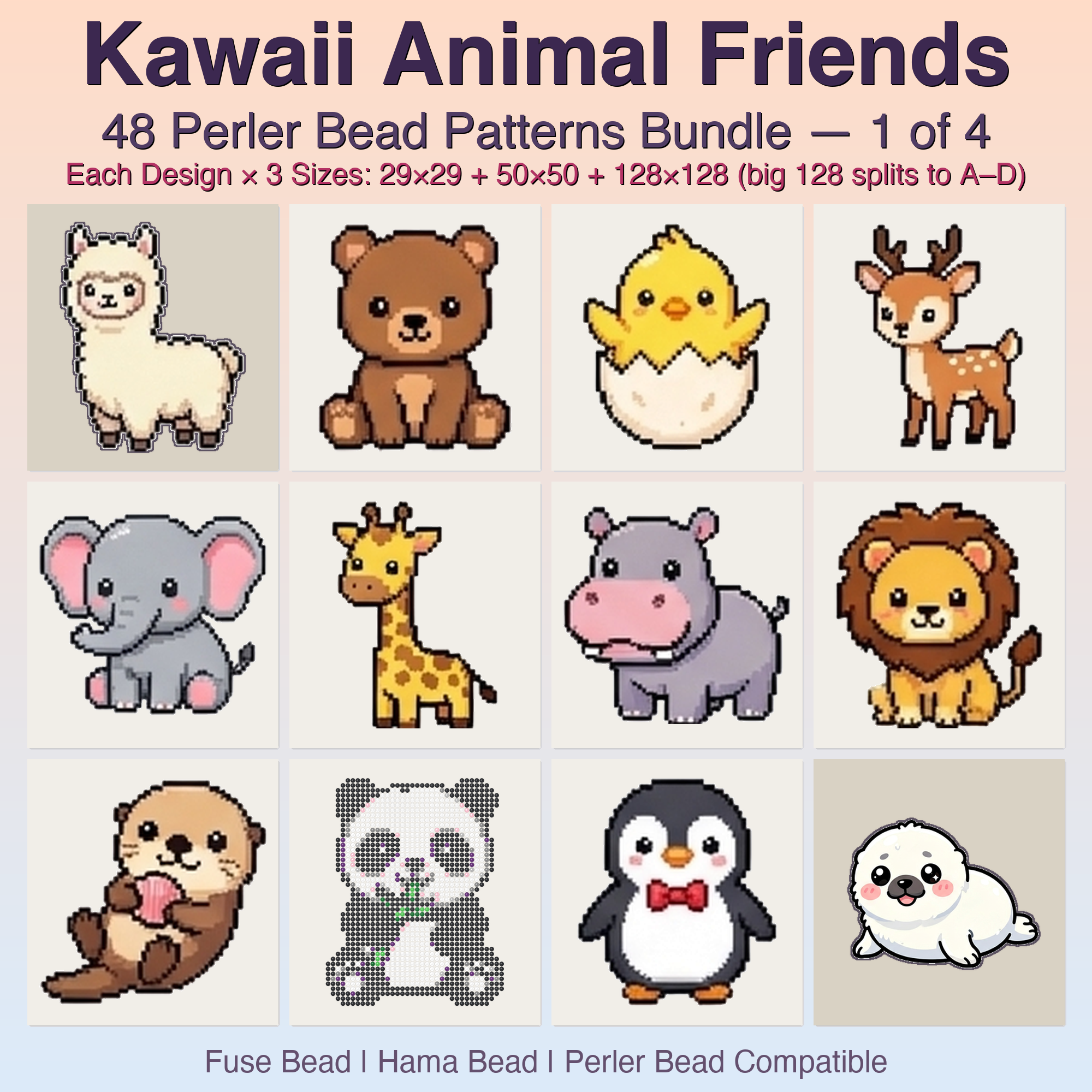 Kawaii Animal Friends Perler Bead Patterns, 48 Designs x 3 Grid Sizes (29x29 + 50x50 + 128x128), Fuse Bead PDF Digital Download