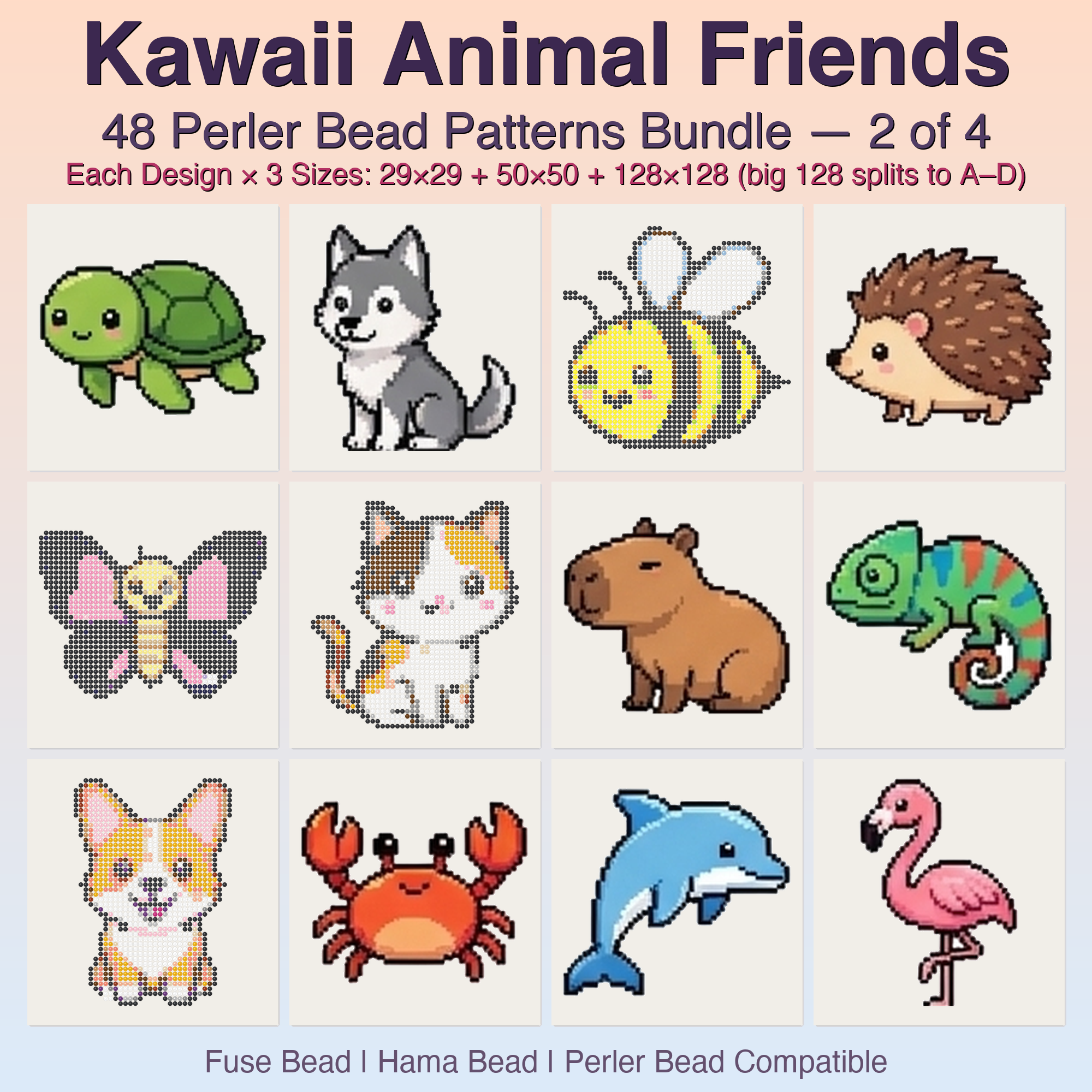 Kawaii Animal Friends Perler Bead Patterns, 48 Designs x 3 Grid Sizes (29x29 + 50x50 + 128x128), Fuse Bead PDF Digital Download