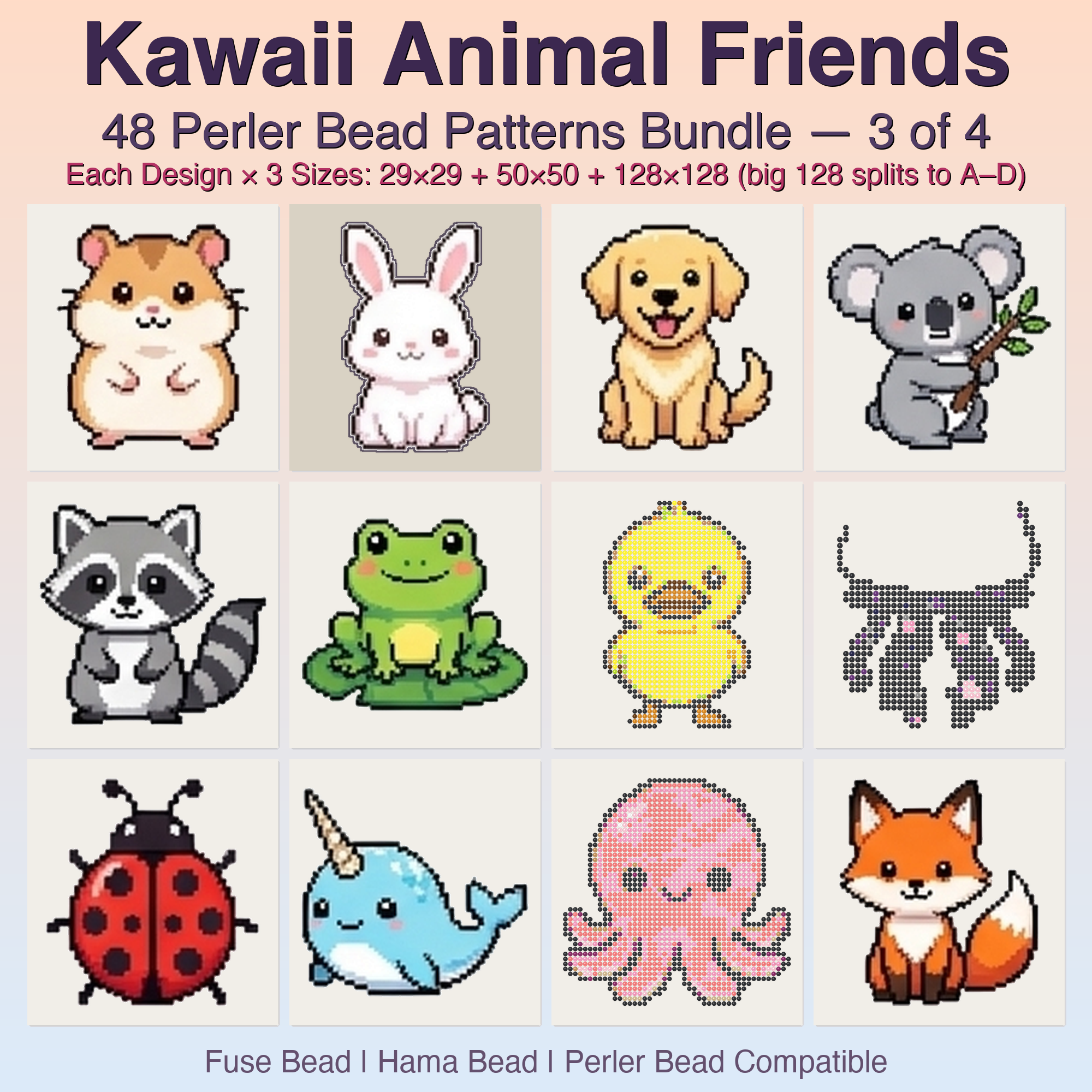 Kawaii Animal Friends Perler Bead Patterns, 48 Designs x 3 Grid Sizes (29x29 + 50x50 + 128x128), Fuse Bead PDF Digital Download