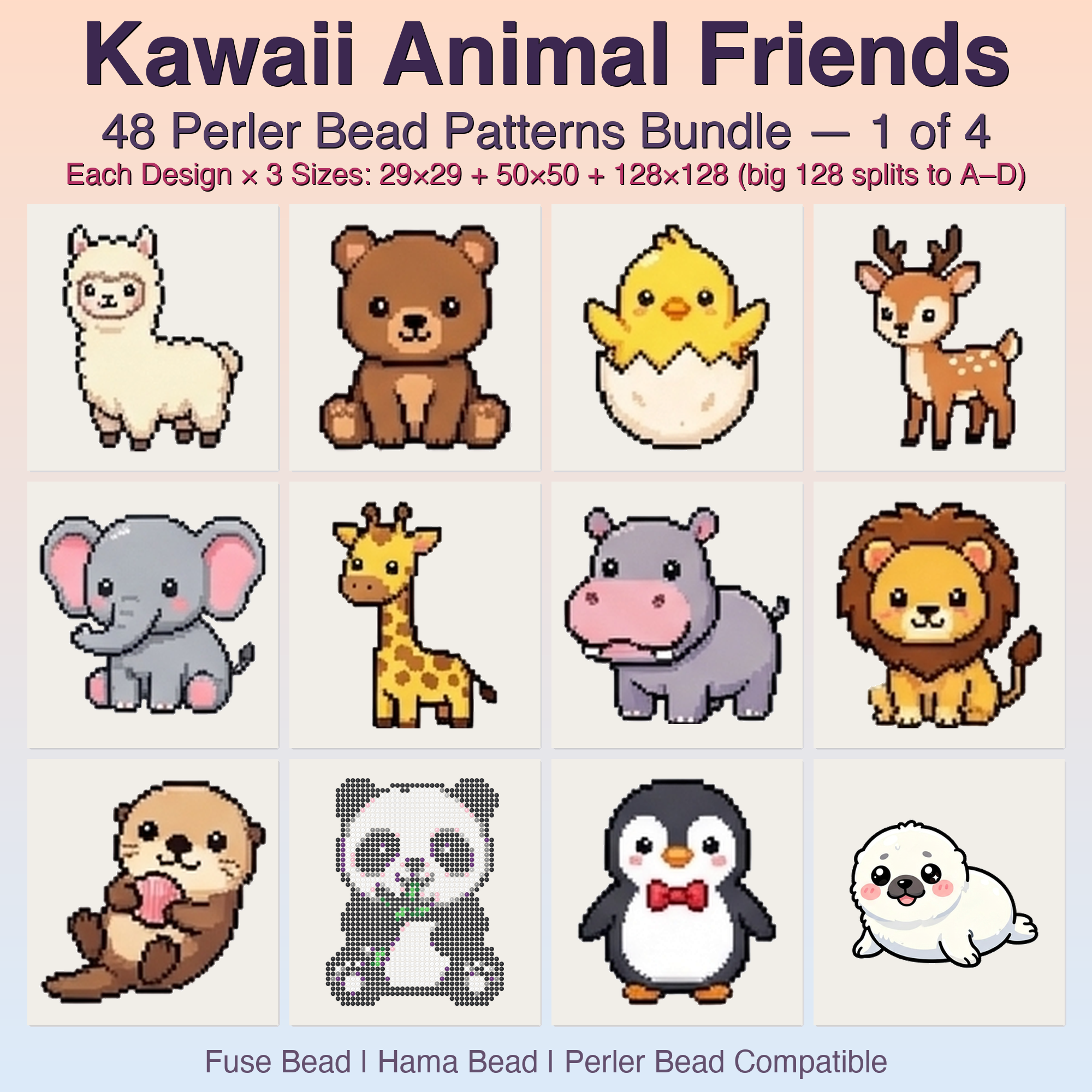 Kawaii Animal Friends Perler Bead Patterns, 48 Designs x 3 Grid Sizes (29x29 + 50x50 + 128x128), Fuse Bead PDF Digital Download