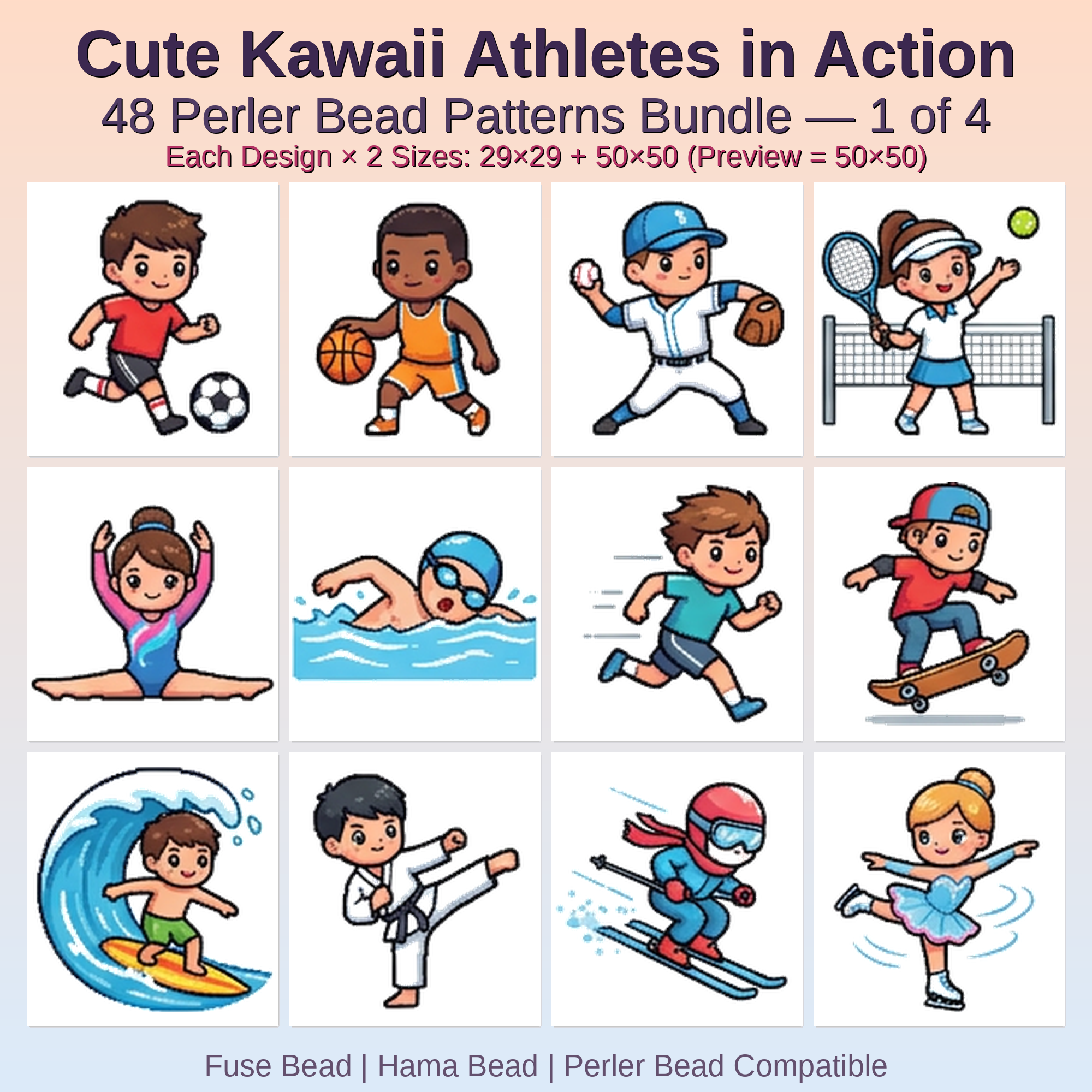 Cute Kawaii Athletes in Action Perler Bead Patterns Bundle, 48 Designs (PDF Digital Download)