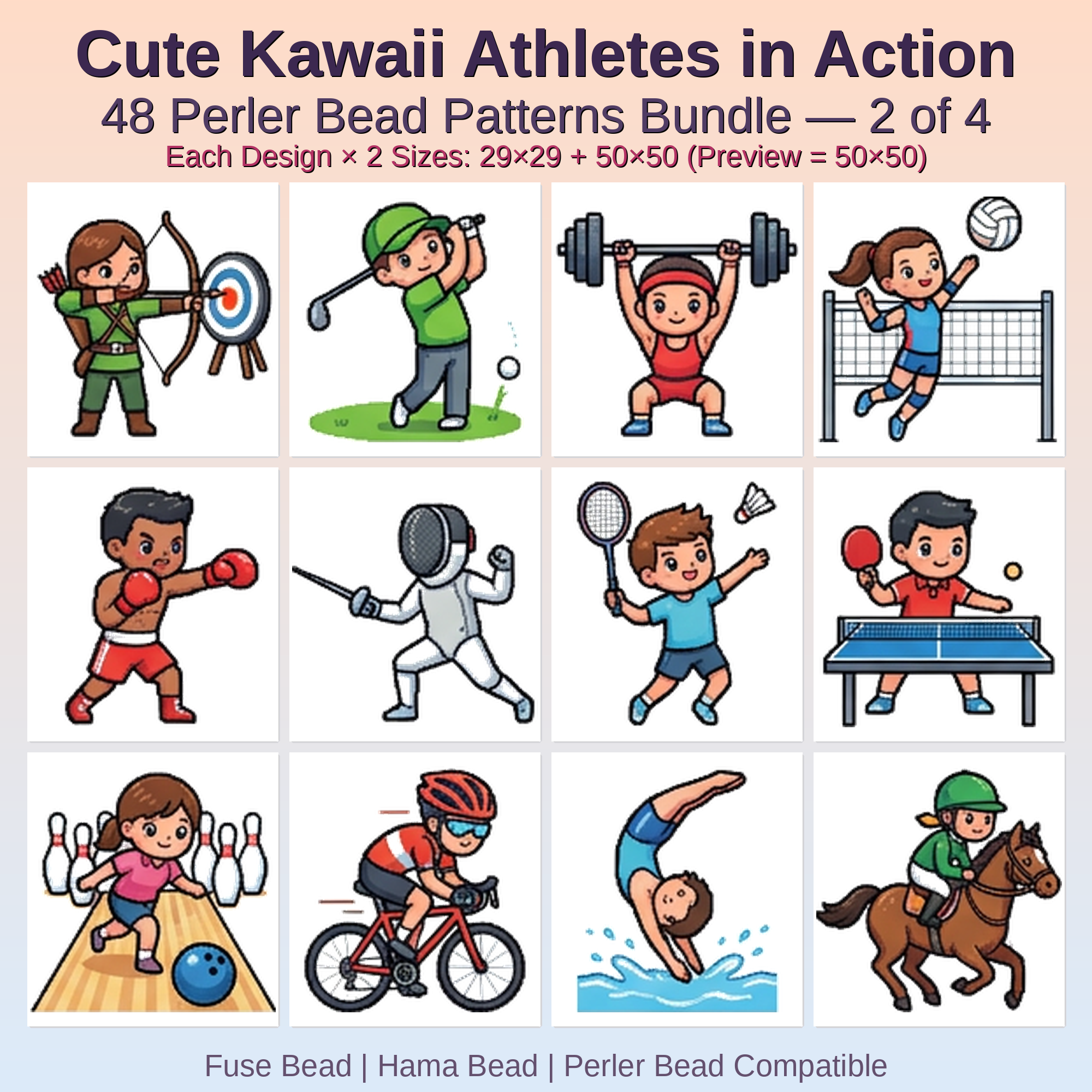 Cute Kawaii Athletes in Action Perler Bead Patterns Bundle, 48 Designs (PDF Digital Download)