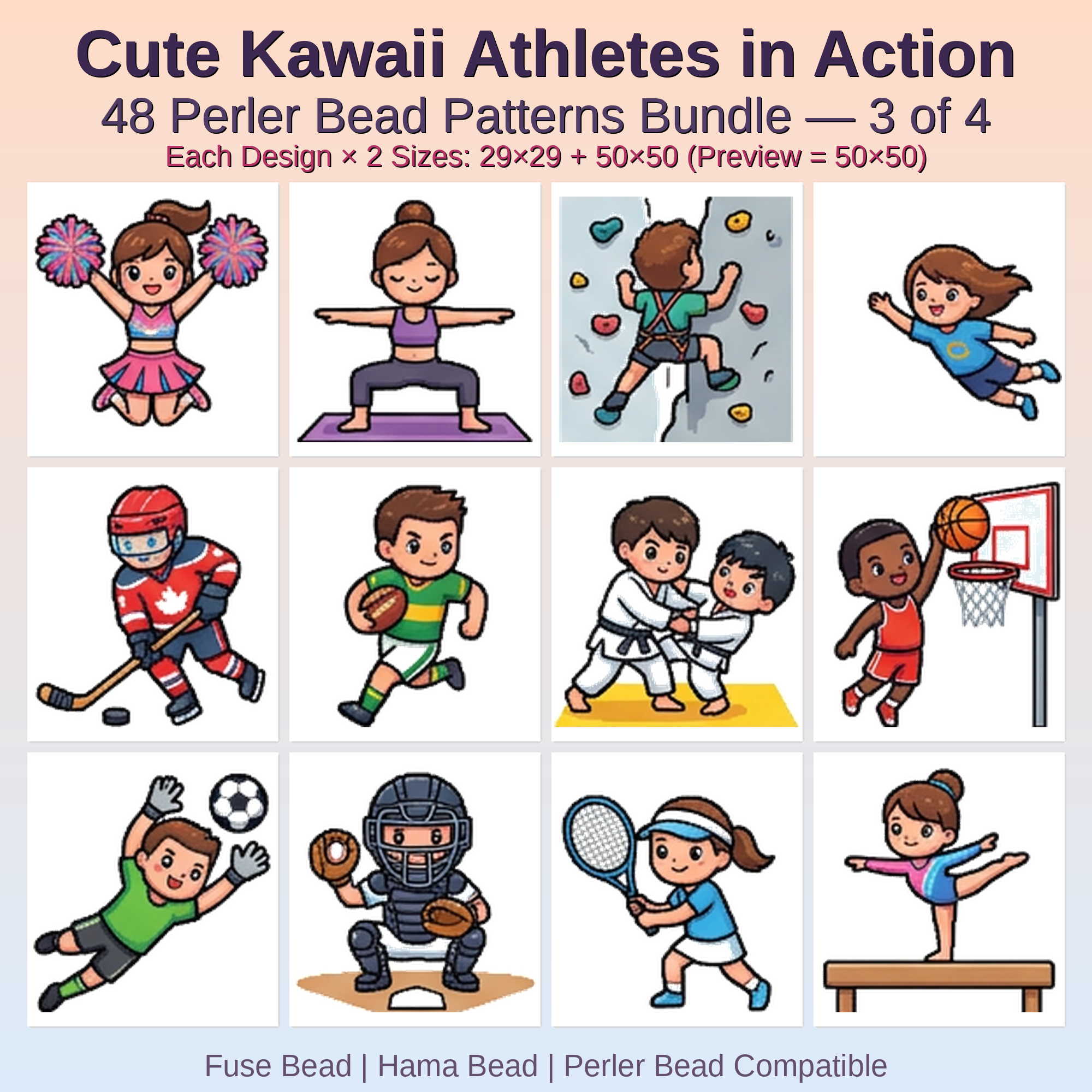 Cute Kawaii Athletes in Action Perler Bead Patterns Bundle, 48 Designs (PDF Digital Download)
