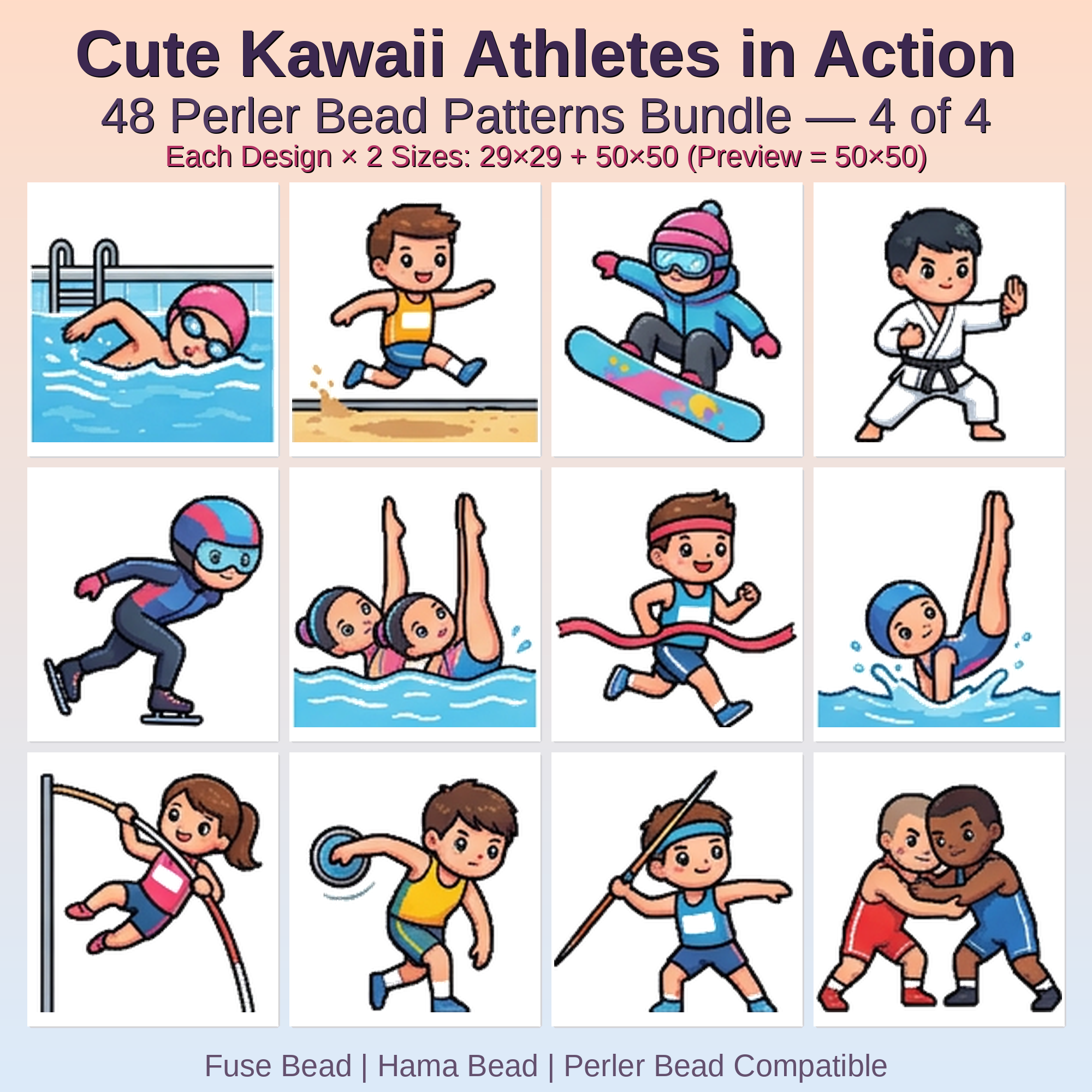 Cute Kawaii Athletes in Action Perler Bead Patterns Bundle, 48 Designs (PDF Digital Download)