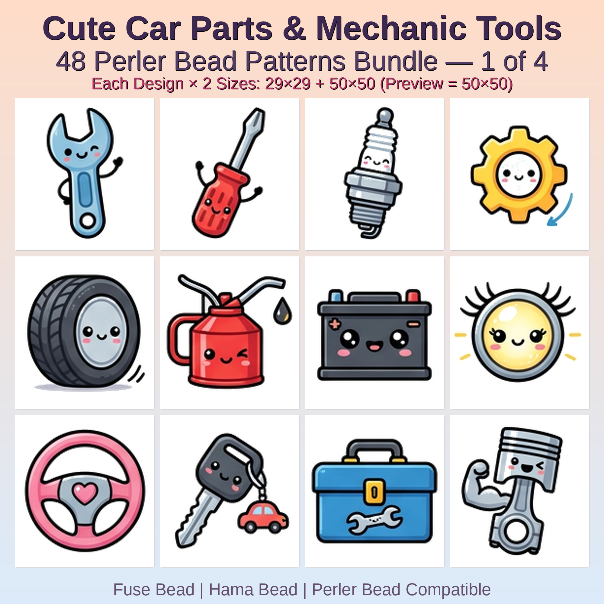 Cute Car Parts & Mechanic Tools Perler Bead Patterns Bundle, 48 Designs (PDF Digital Download)