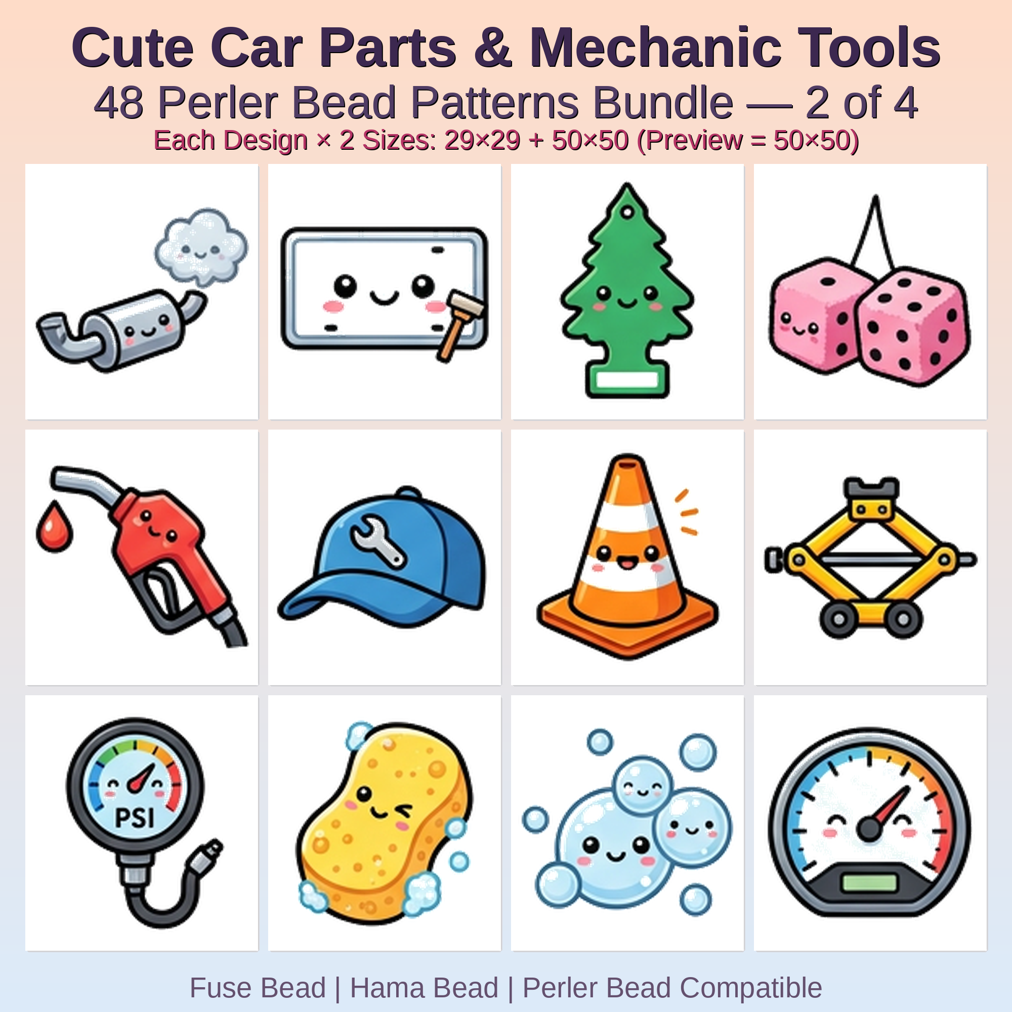 Cute Car Parts & Mechanic Tools Perler Bead Patterns Bundle, 48 Designs (PDF Digital Download)