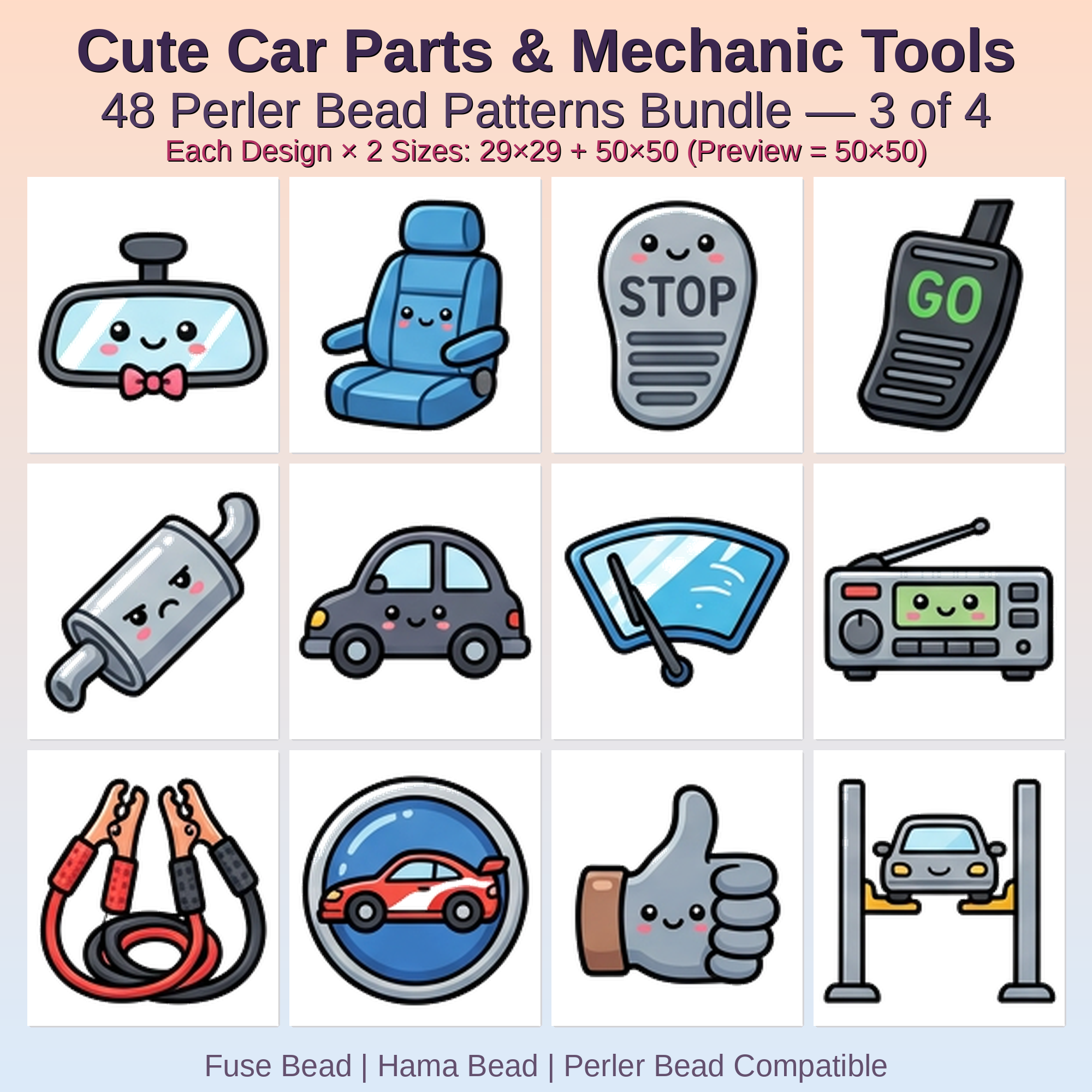 Cute Car Parts & Mechanic Tools Perler Bead Patterns Bundle, 48 Designs (PDF Digital Download)