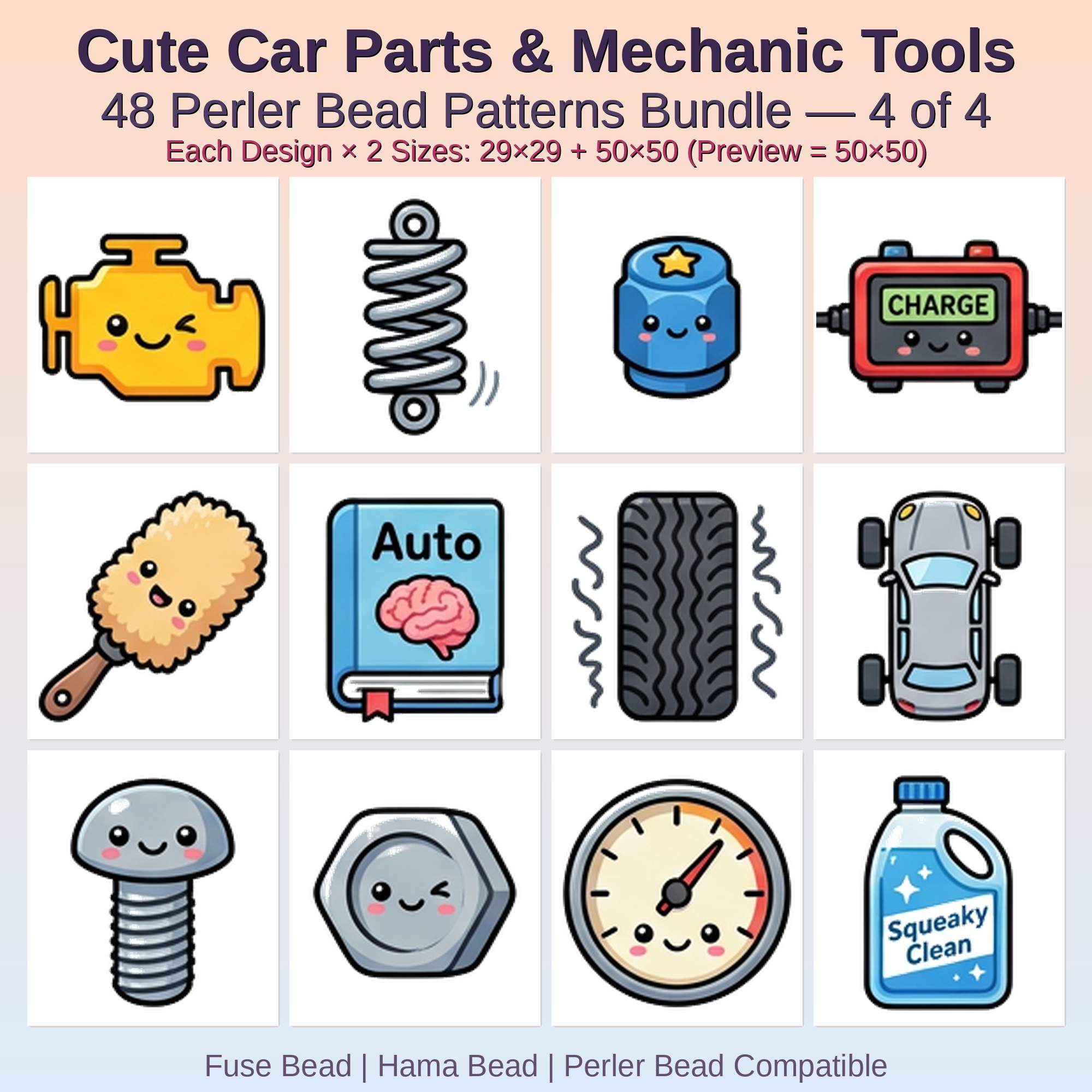 Cute Car Parts & Mechanic Tools Perler Bead Patterns Bundle, 48 Designs (PDF Digital Download)