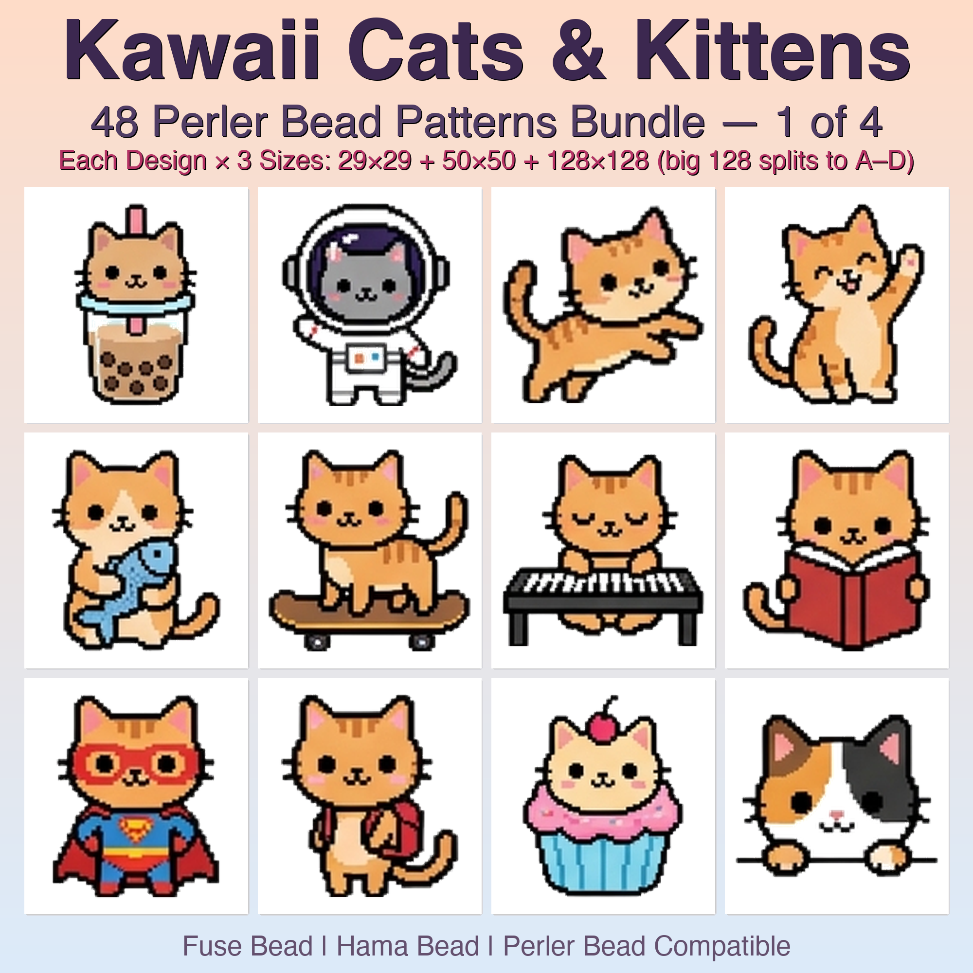 Kawaii Cats & Kittens Perler Bead Patterns, 48 Designs x 3 Grid Sizes (29x29 + 50x50 + 128x128), Fuse Bead PDF Digital Download