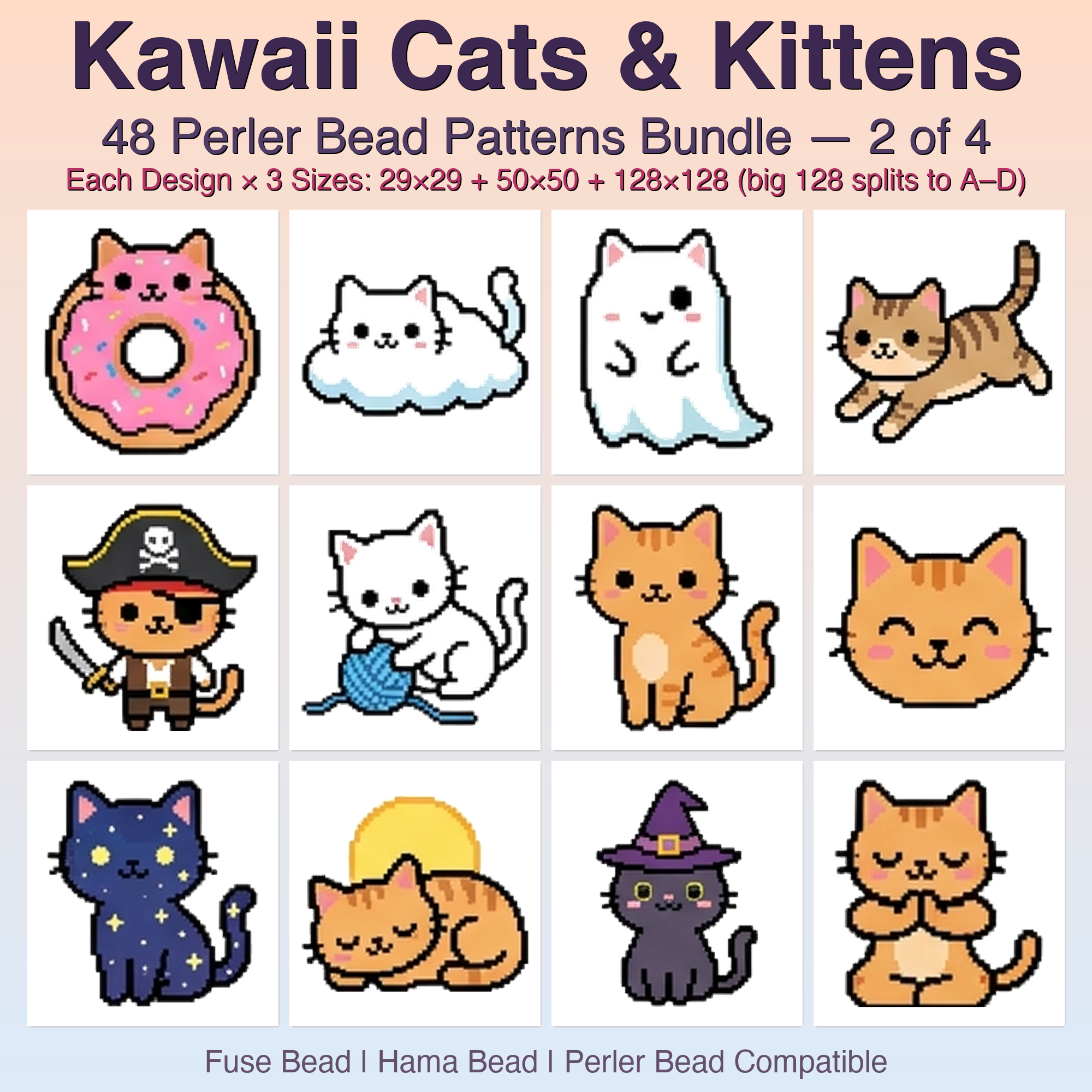 Kawaii Cats & Kittens Perler Bead Patterns, 48 Designs x 3 Grid Sizes (29x29 + 50x50 + 128x128), Fuse Bead PDF Digital Download