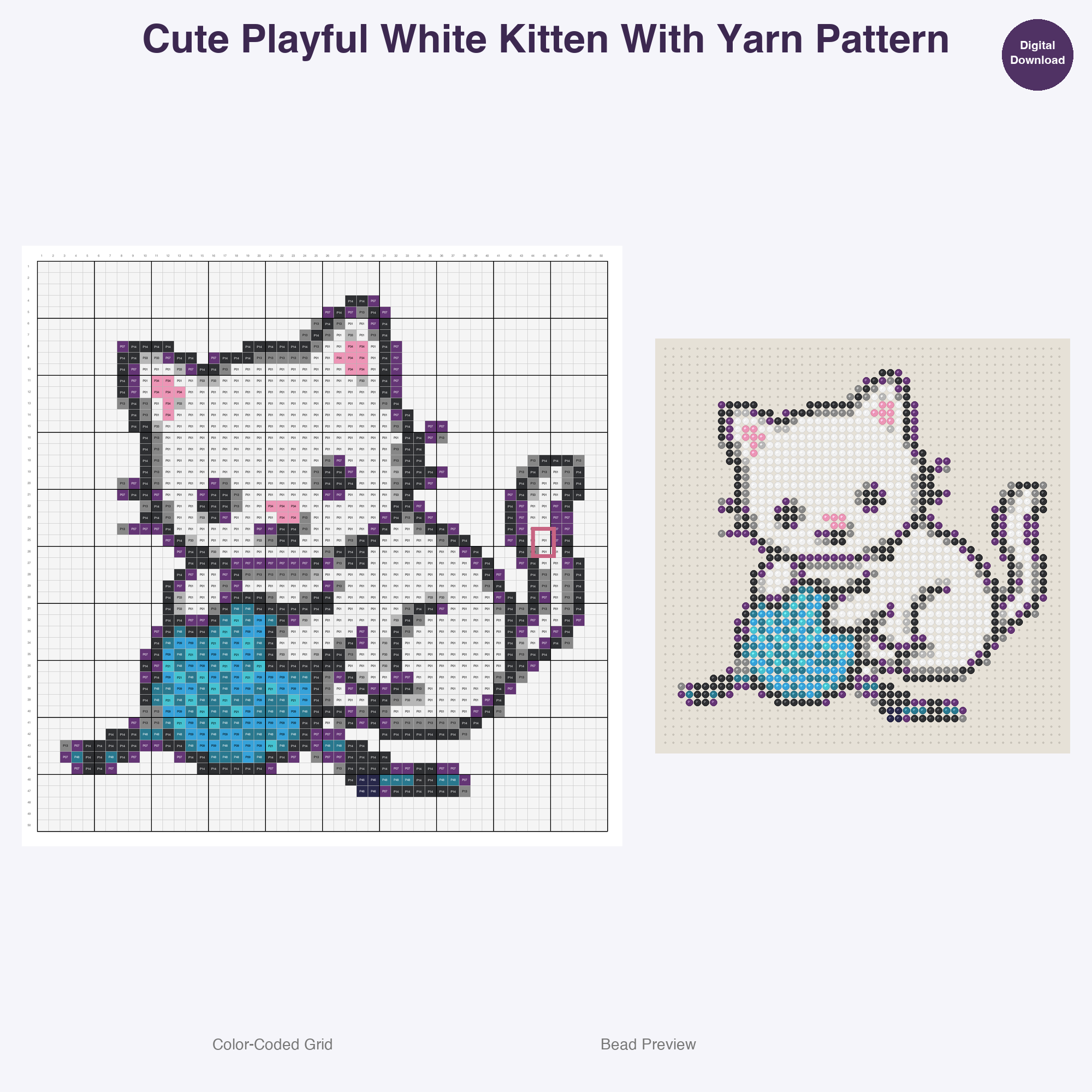 Kawaii Cats & Kittens Perler Bead Patterns, 48 Designs x 3 Grid Sizes (29x29 + 50x50 + 128x128), Fuse Bead PDF Digital Download
