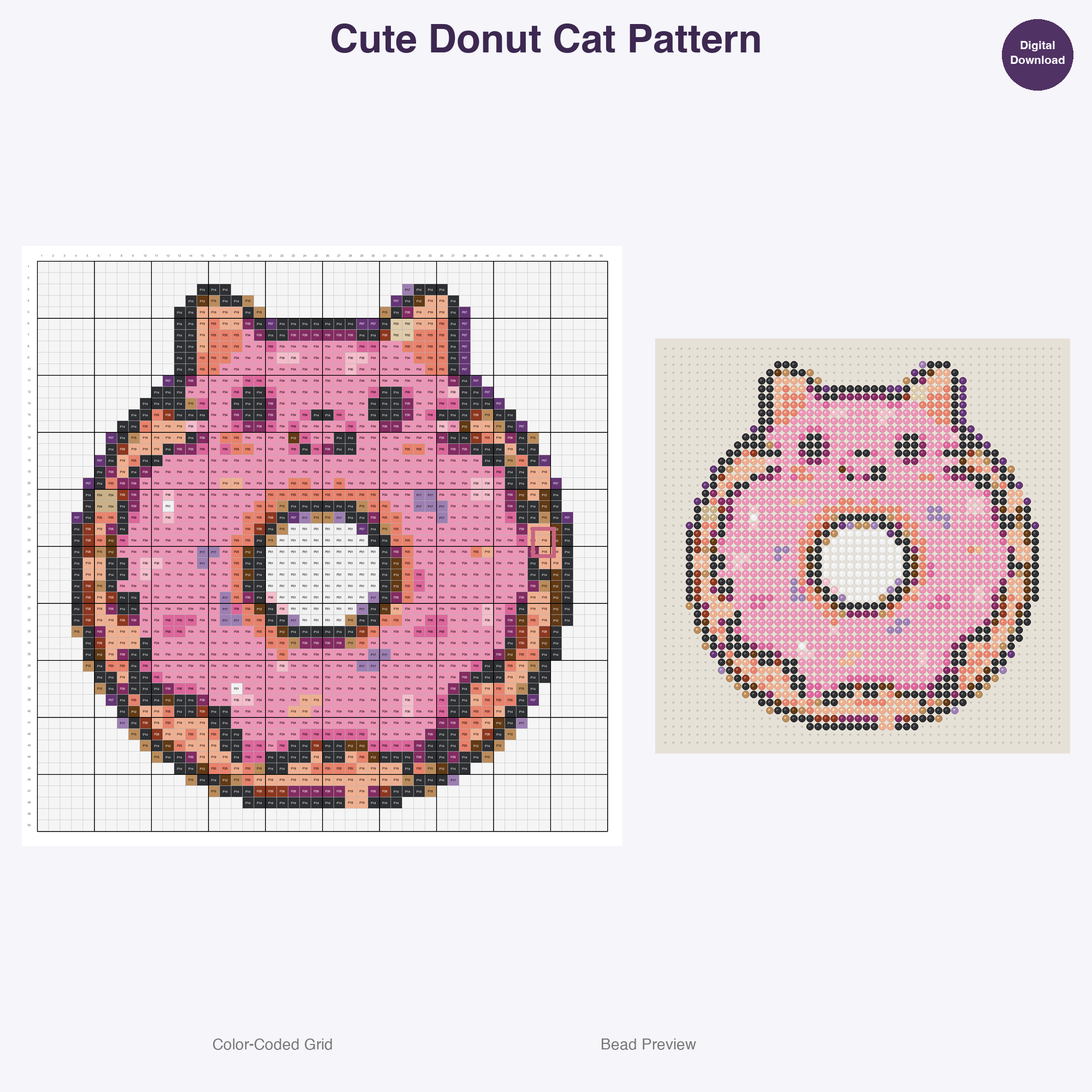 Kawaii Cats & Kittens Perler Bead Patterns, 48 Designs x 3 Grid Sizes (29x29 + 50x50 + 128x128), Fuse Bead PDF Digital Download