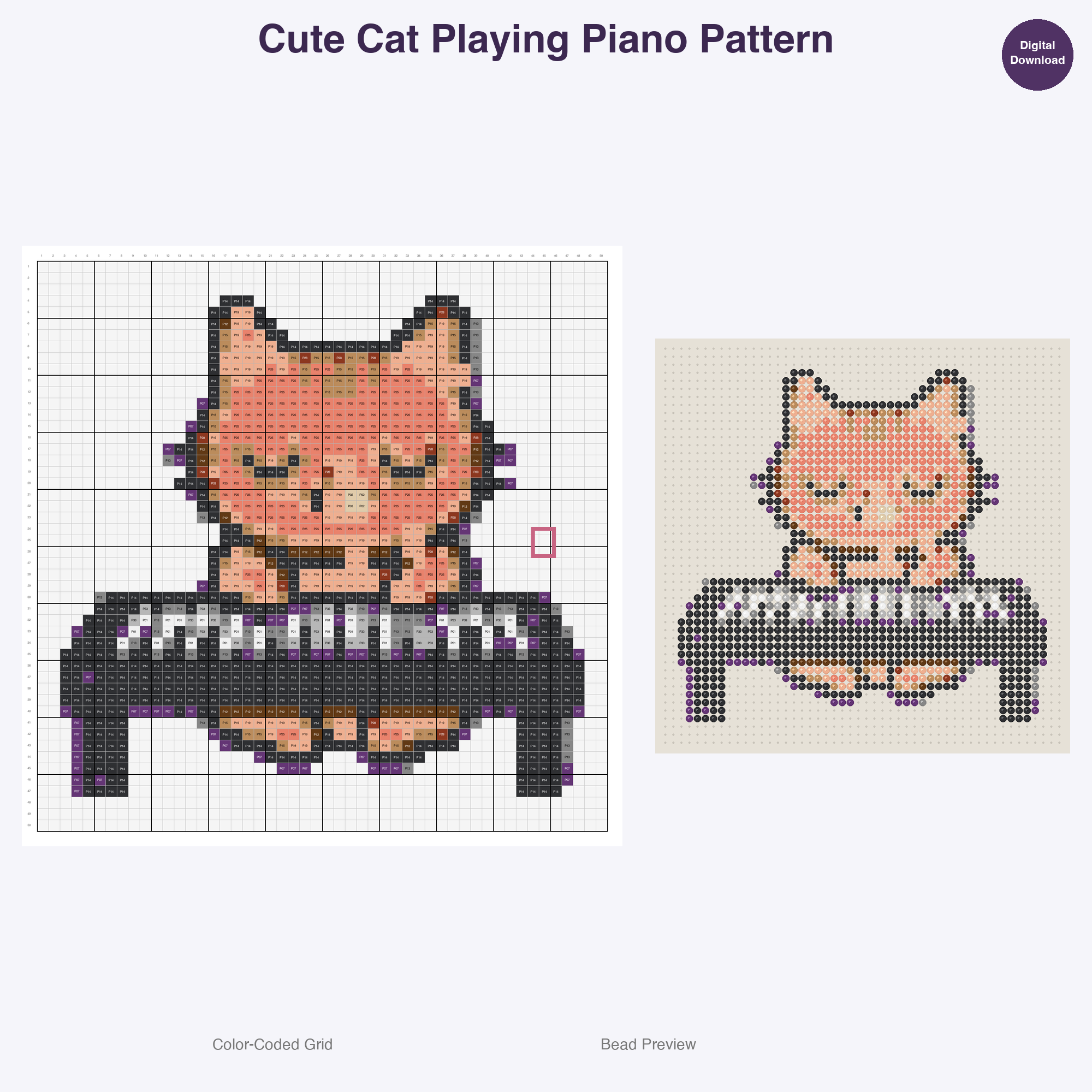 Kawaii Cats & Kittens Perler Bead Patterns, 48 Designs x 3 Grid Sizes (29x29 + 50x50 + 128x128), Fuse Bead PDF Digital Download