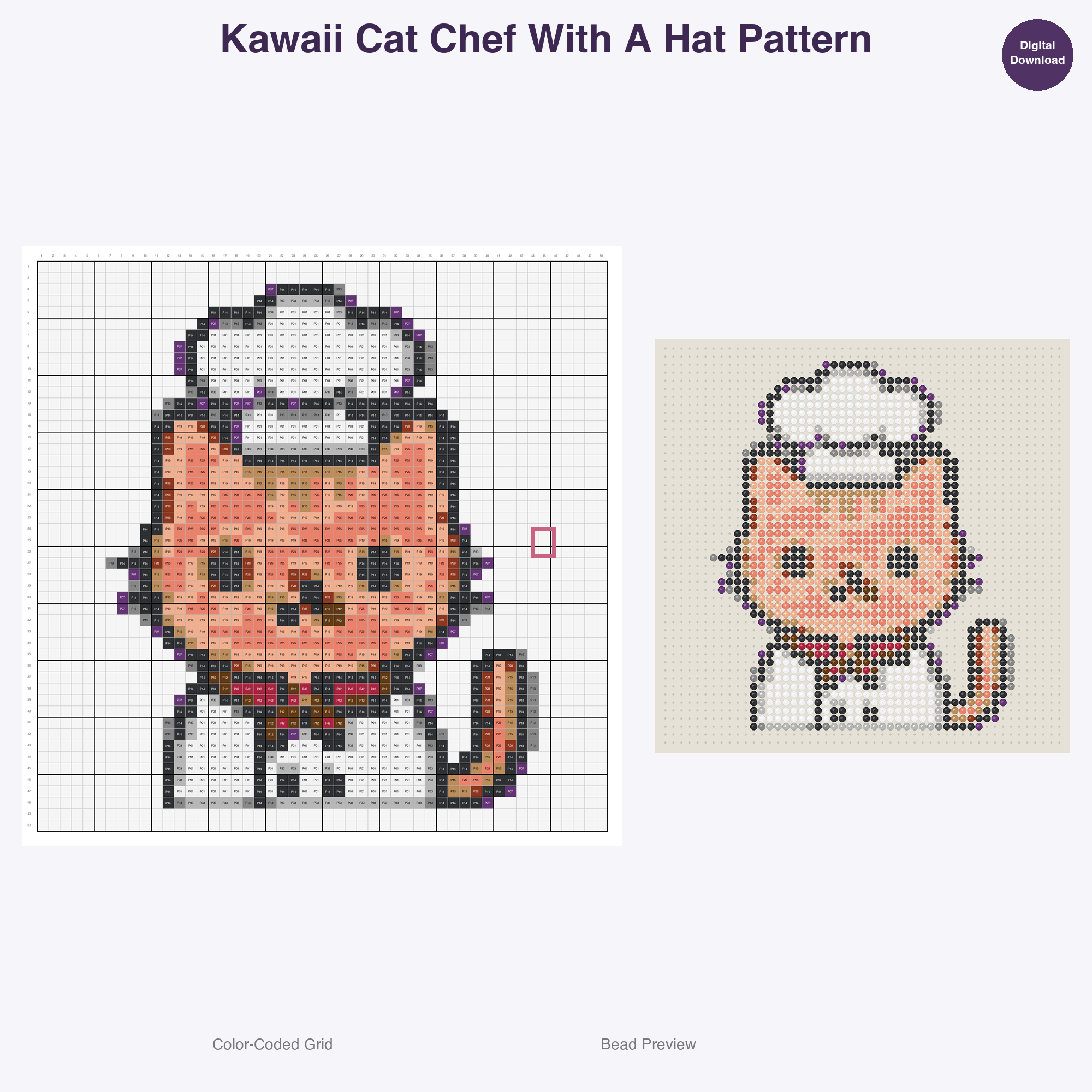 Kawaii Cats & Kittens Perler Bead Patterns, 48 Designs x 3 Grid Sizes (29x29 + 50x50 + 128x128), Fuse Bead PDF Digital Download