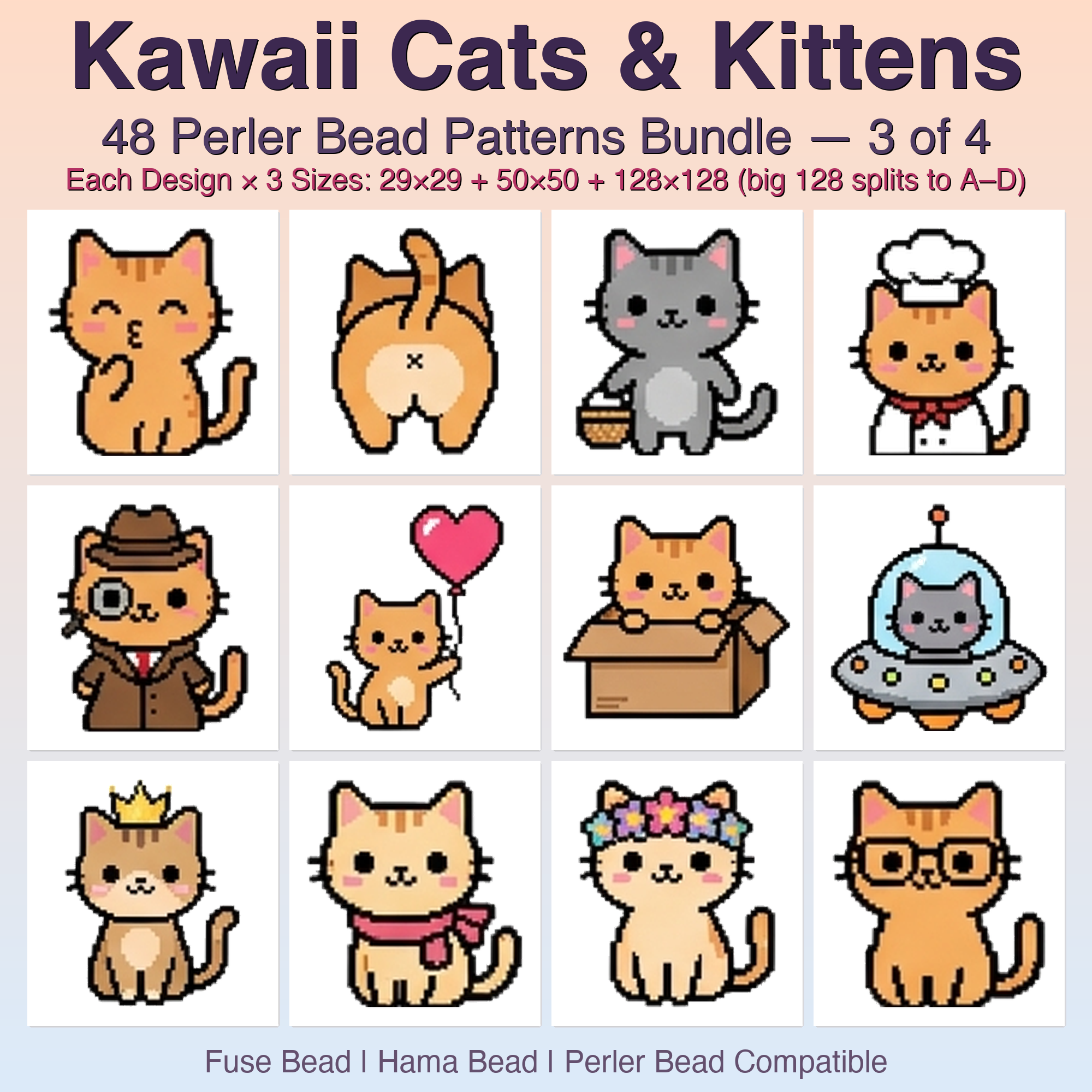Kawaii Cats & Kittens Perler Bead Patterns, 48 Designs x 3 Grid Sizes (29x29 + 50x50 + 128x128), Fuse Bead PDF Digital Download