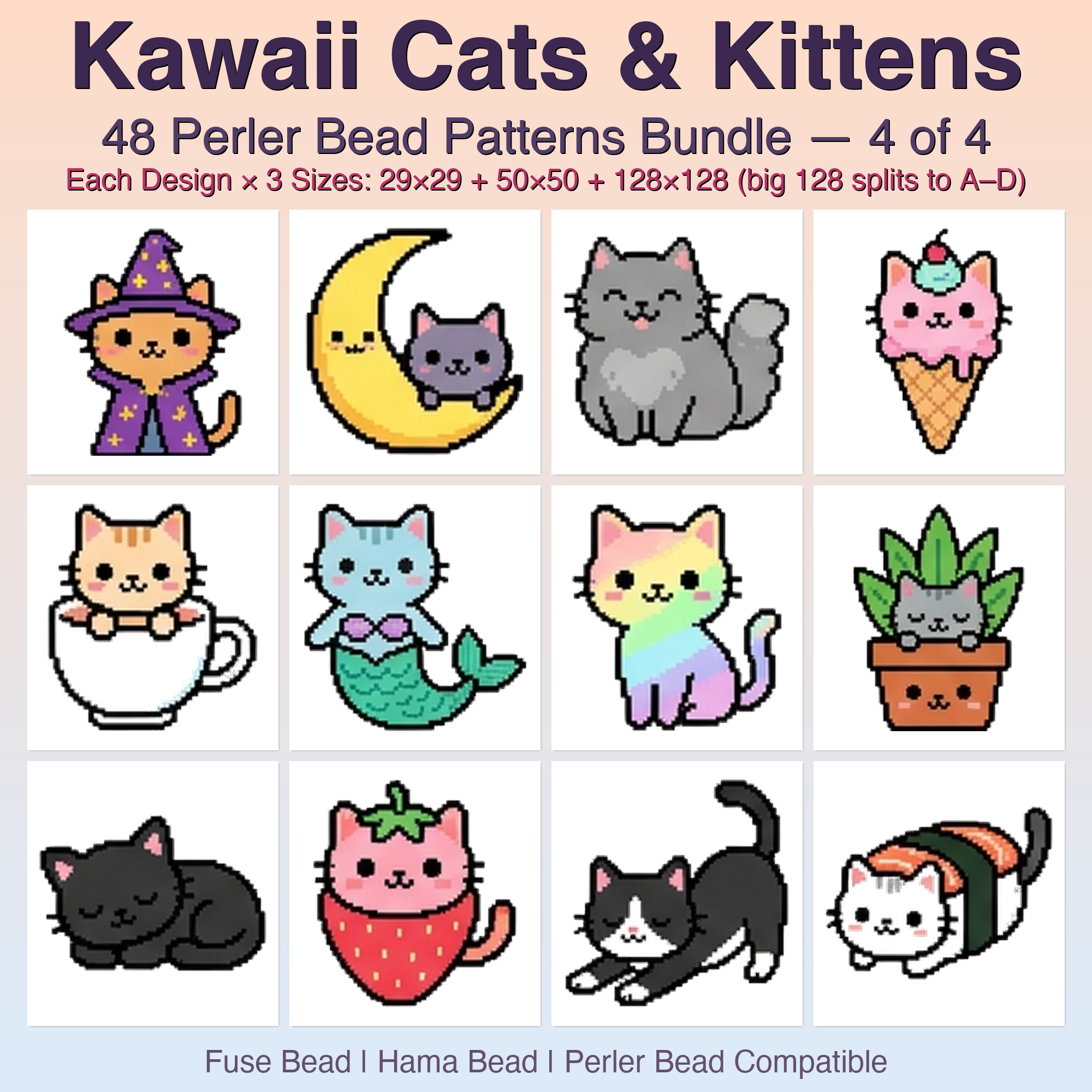 Kawaii Cats & Kittens Perler Bead Patterns, 48 Designs x 3 Grid Sizes (29x29 + 50x50 + 128x128), Fuse Bead PDF Digital Download
