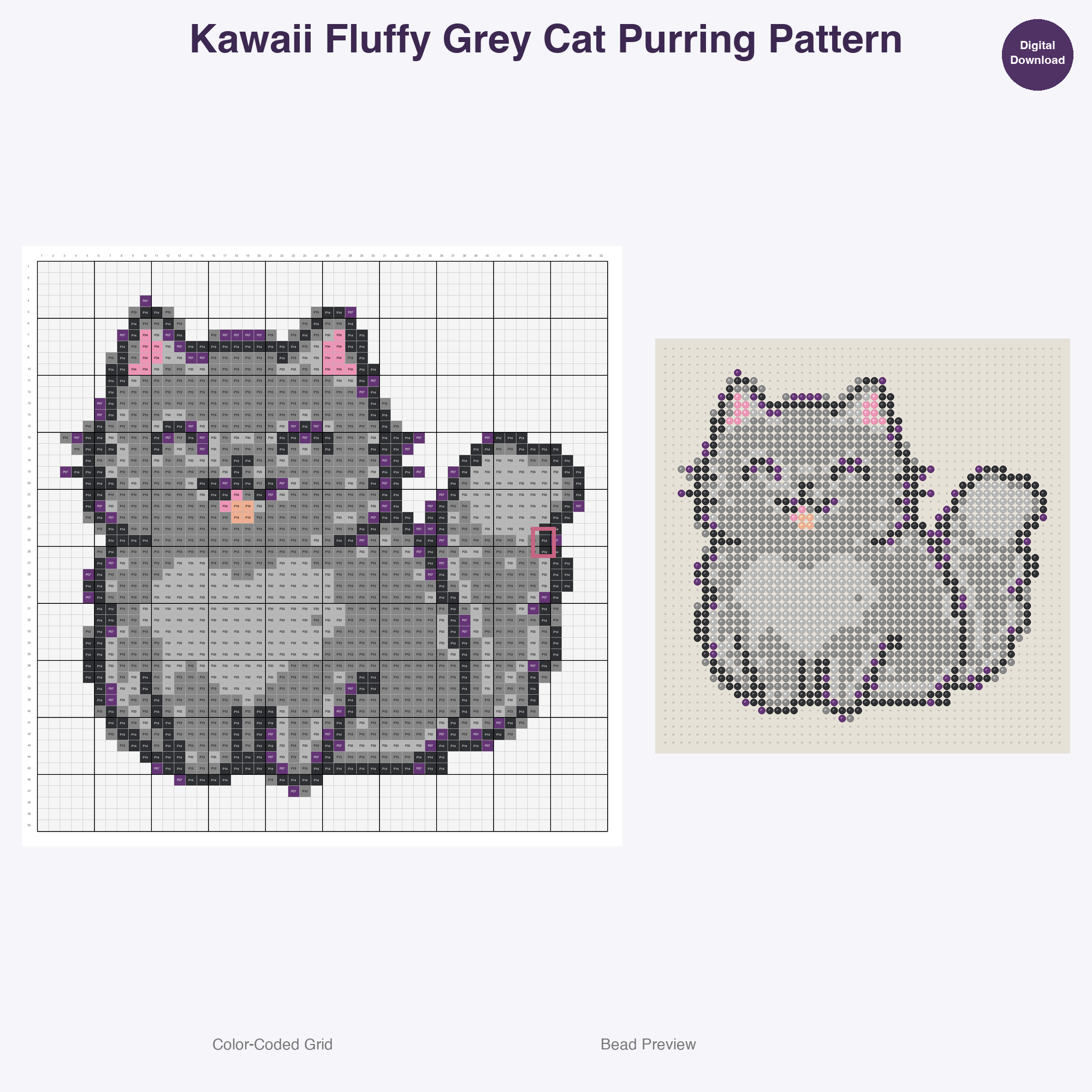 Kawaii Cats & Kittens Perler Bead Patterns, 48 Designs x 3 Grid Sizes (29x29 + 50x50 + 128x128), Fuse Bead PDF Digital Download