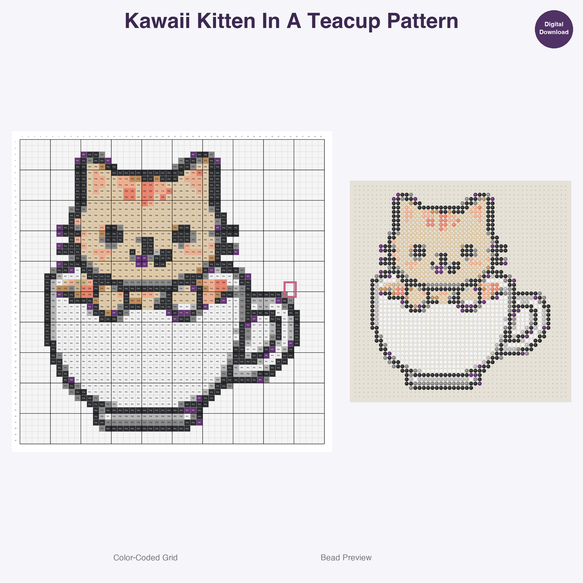 Kawaii Cats & Kittens Perler Bead Patterns, 48 Designs x 3 Grid Sizes (29x29 + 50x50 + 128x128), Fuse Bead PDF Digital Download