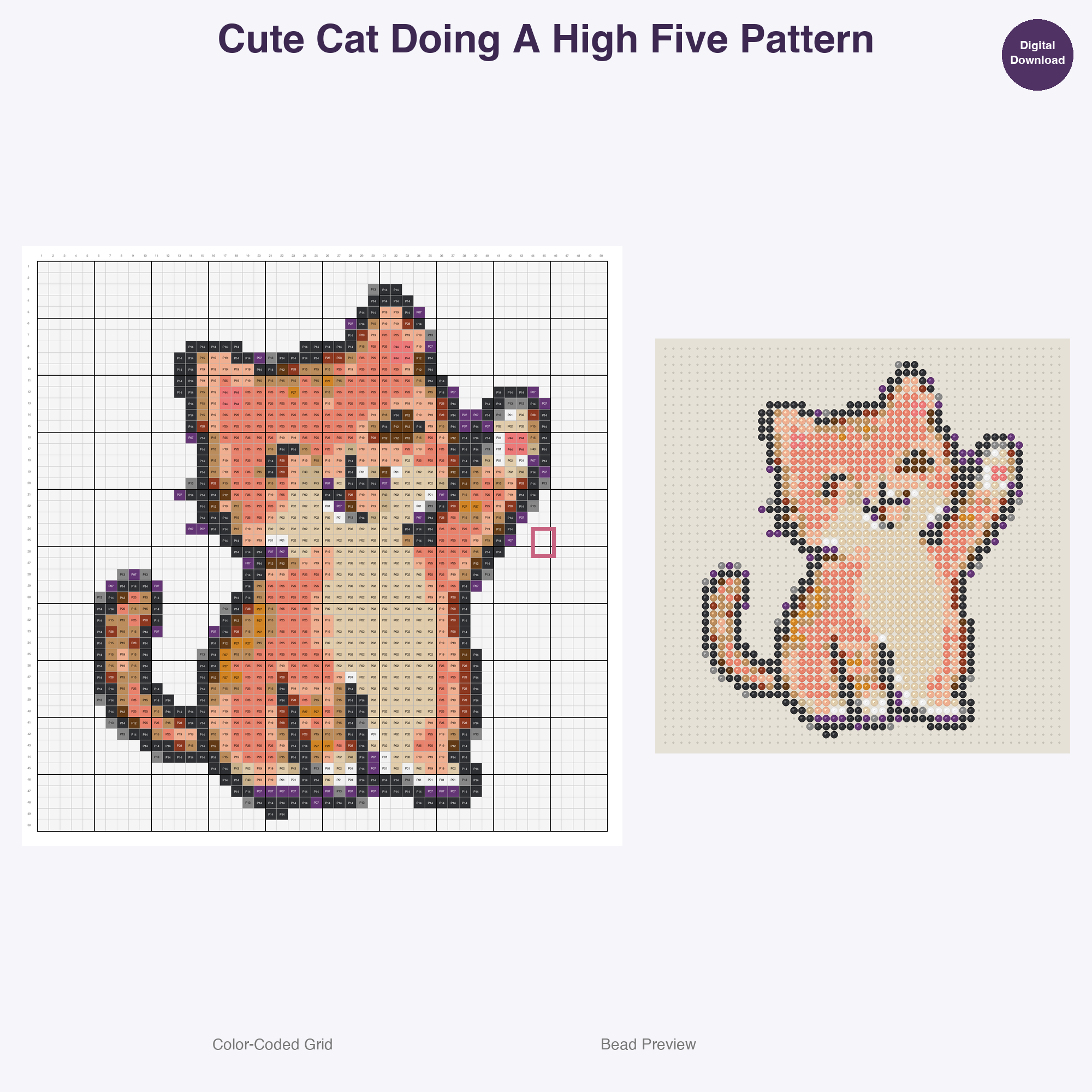 Kawaii Cats & Kittens Perler Bead Patterns, 48 Designs x 3 Grid Sizes (29x29 + 50x50 + 128x128), Fuse Bead PDF Digital Download