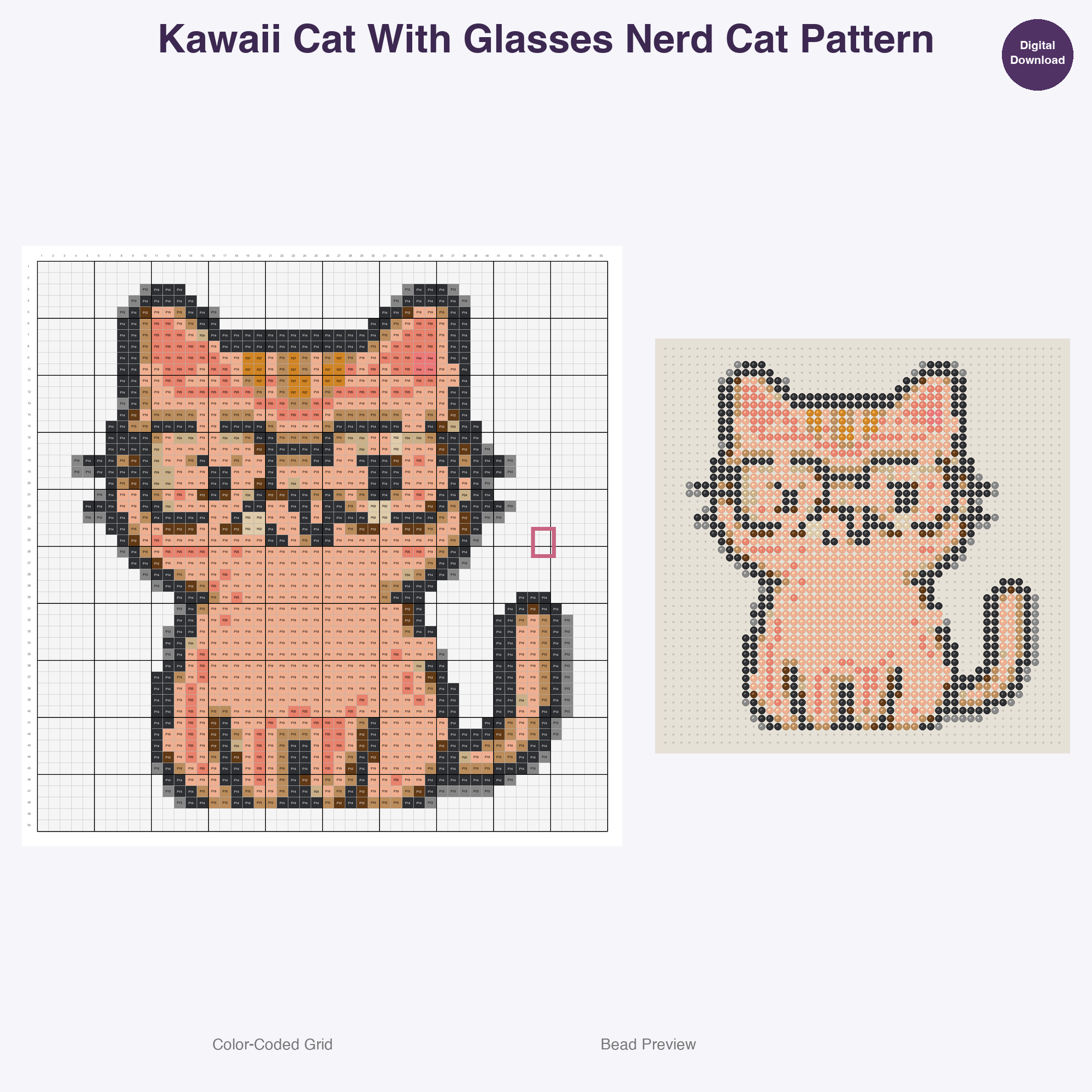 Kawaii Cats & Kittens Perler Bead Patterns, 48 Designs x 3 Grid Sizes (29x29 + 50x50 + 128x128), Fuse Bead PDF Digital Download