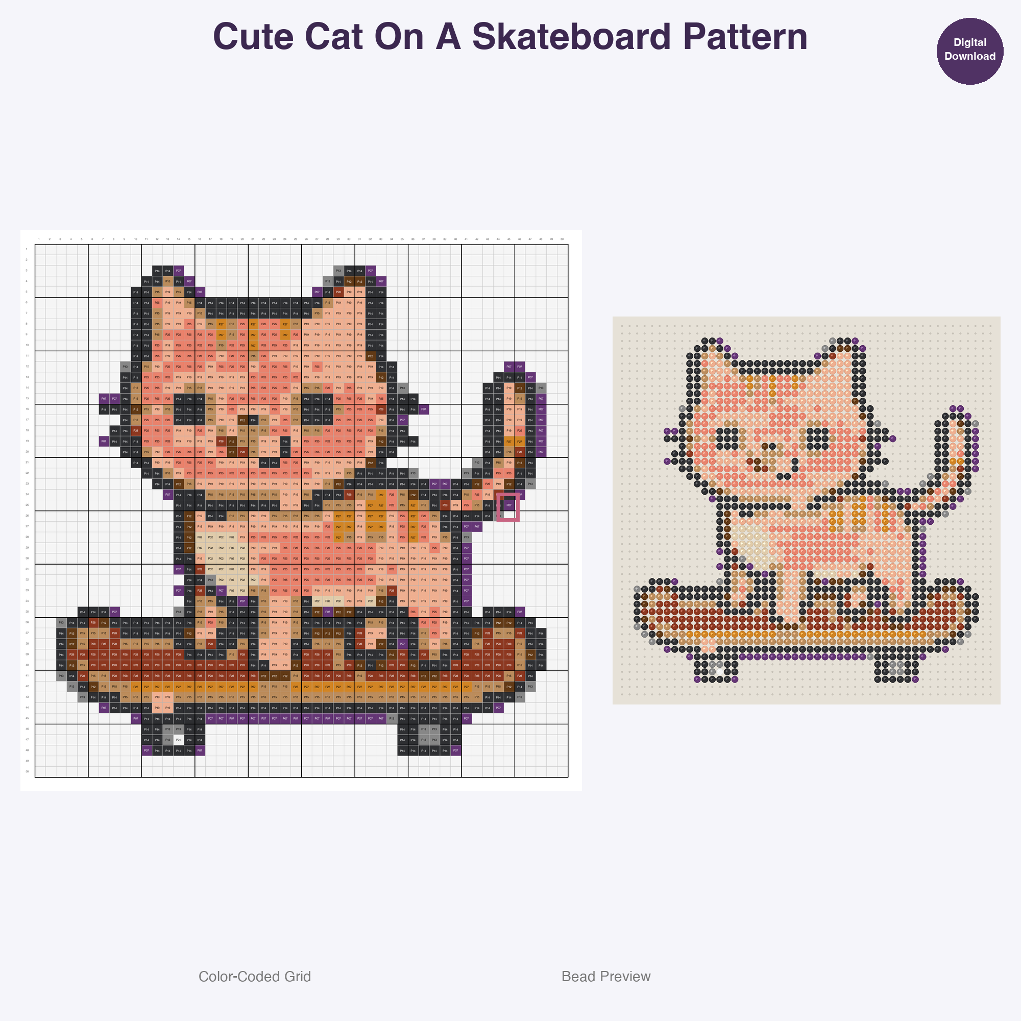 Kawaii Cats & Kittens Perler Bead Patterns, 48 Designs x 3 Grid Sizes (29x29 + 50x50 + 128x128), Fuse Bead PDF Digital Download