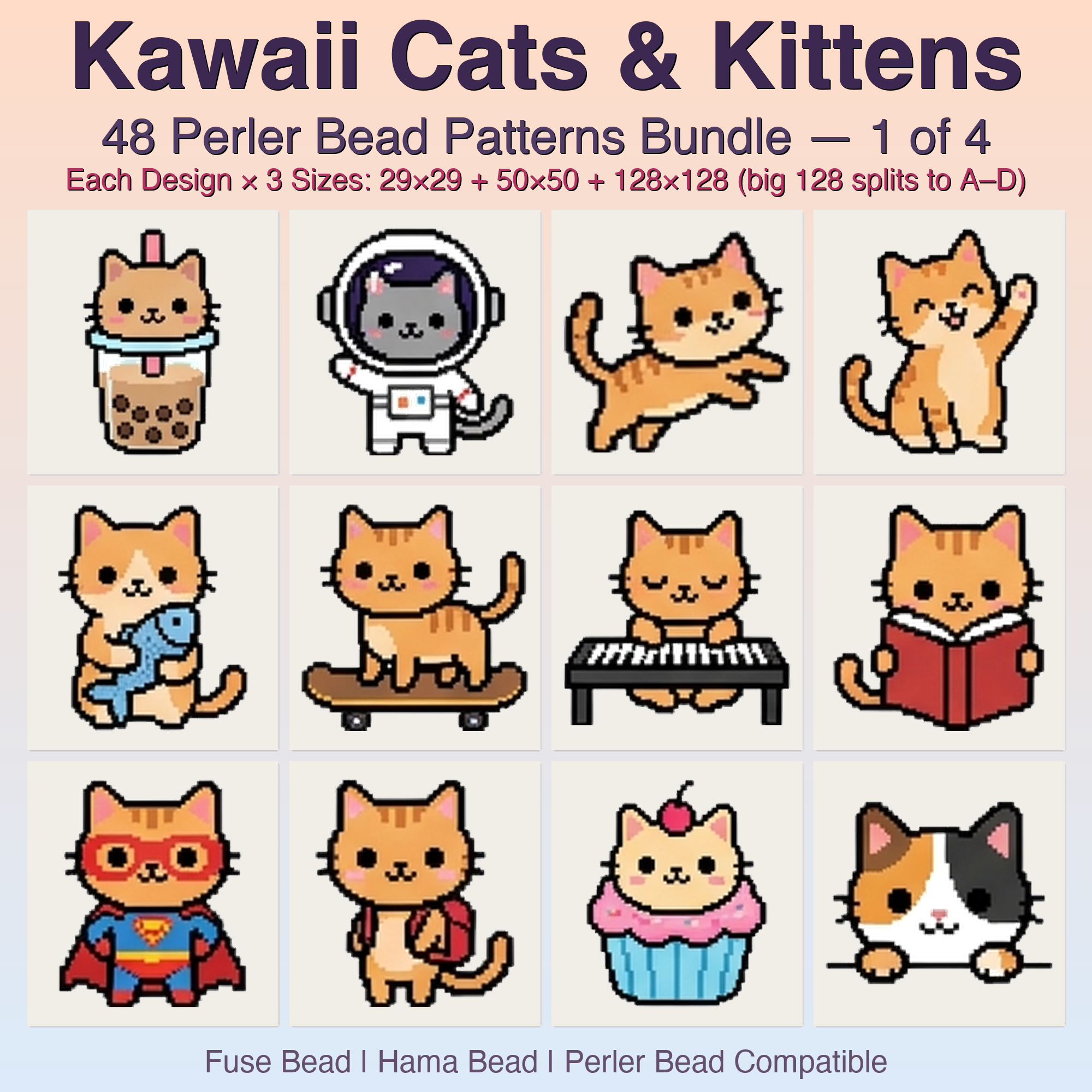 Kawaii Cats & Kittens Perler Bead Patterns, 48 Designs x 3 Grid Sizes (29x29 + 50x50 + 128x128), Fuse Bead PDF Digital Download
