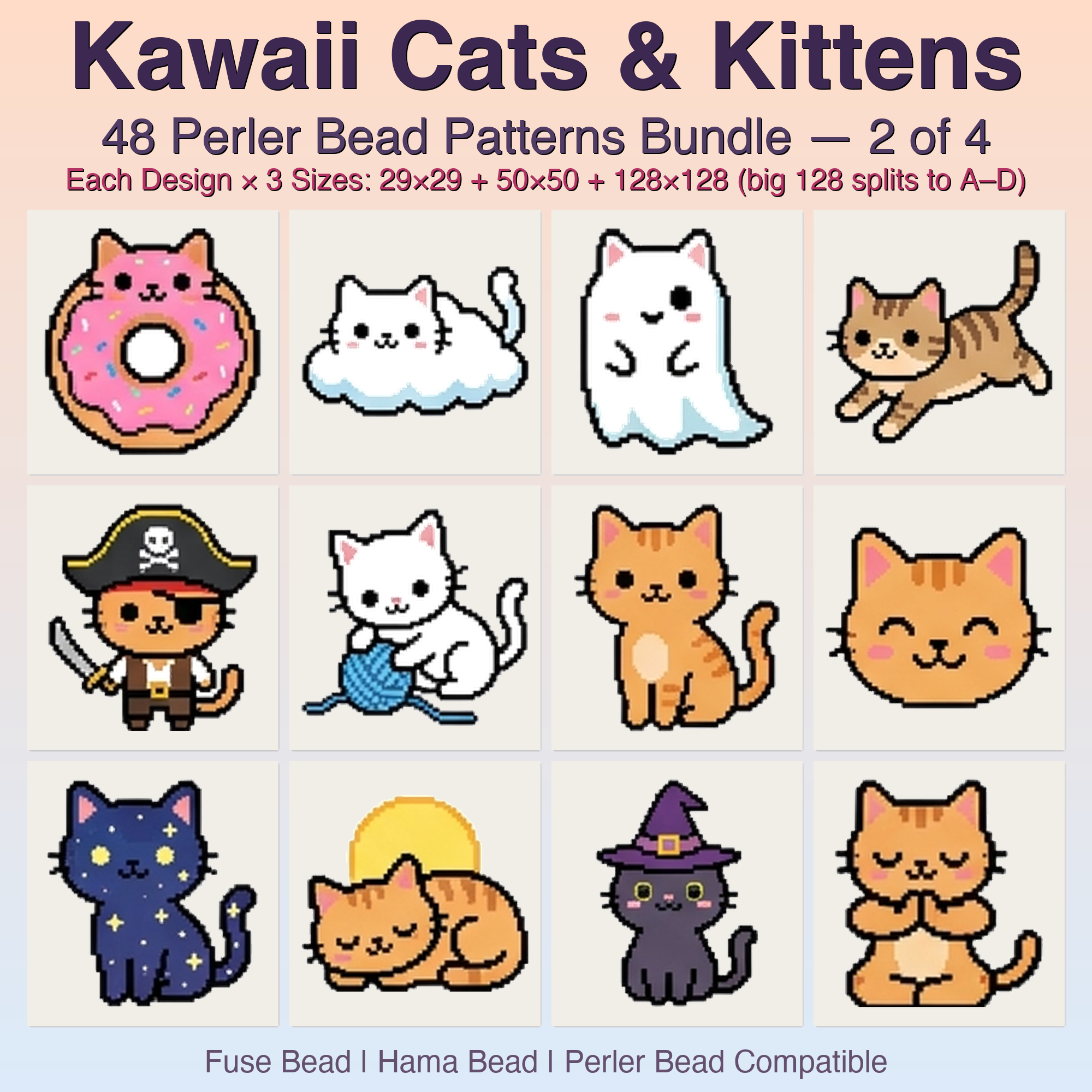 Kawaii Cats & Kittens Perler Bead Patterns, 48 Designs x 3 Grid Sizes (29x29 + 50x50 + 128x128), Fuse Bead PDF Digital Download