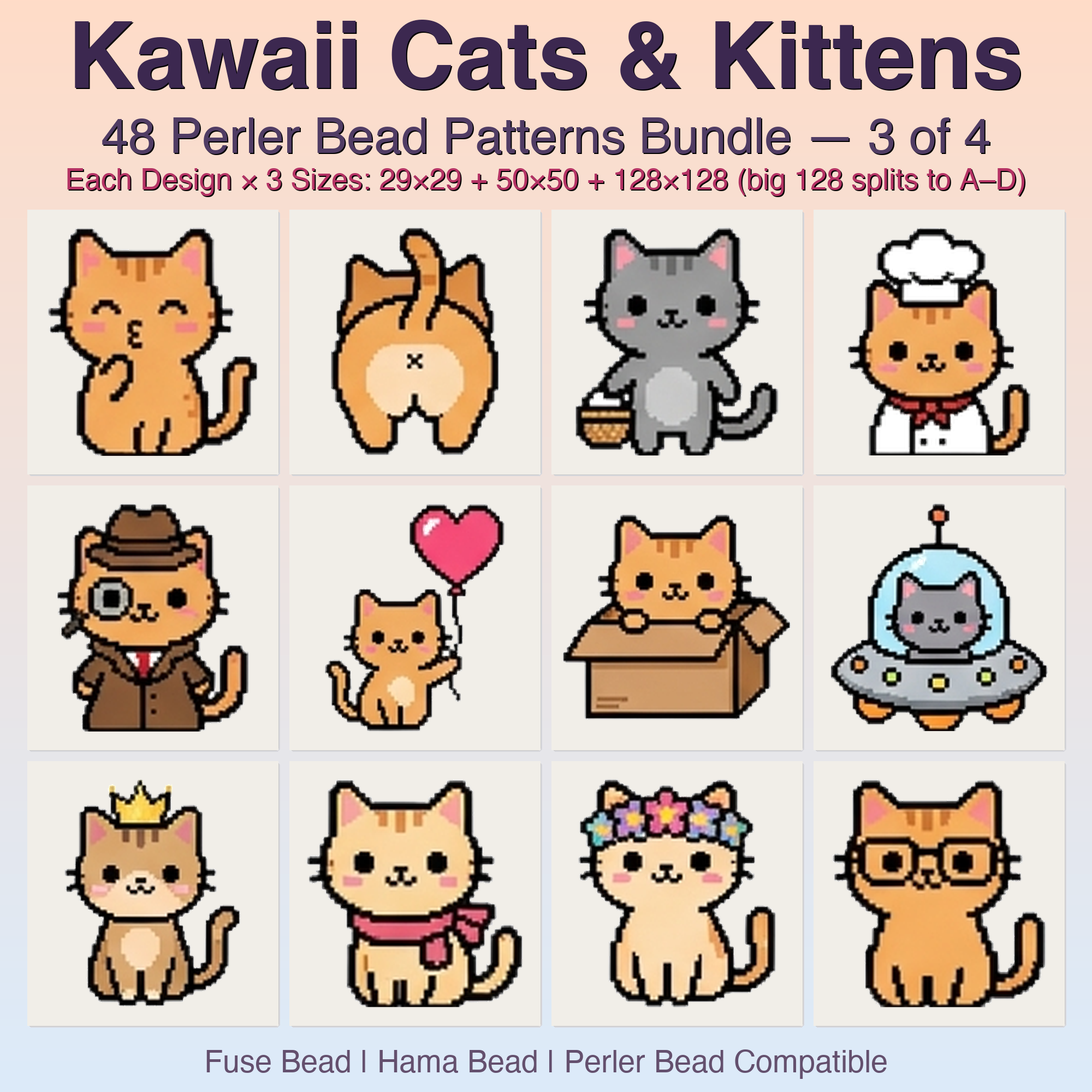 Kawaii Cats & Kittens Perler Bead Patterns, 48 Designs x 3 Grid Sizes (29x29 + 50x50 + 128x128), Fuse Bead PDF Digital Download