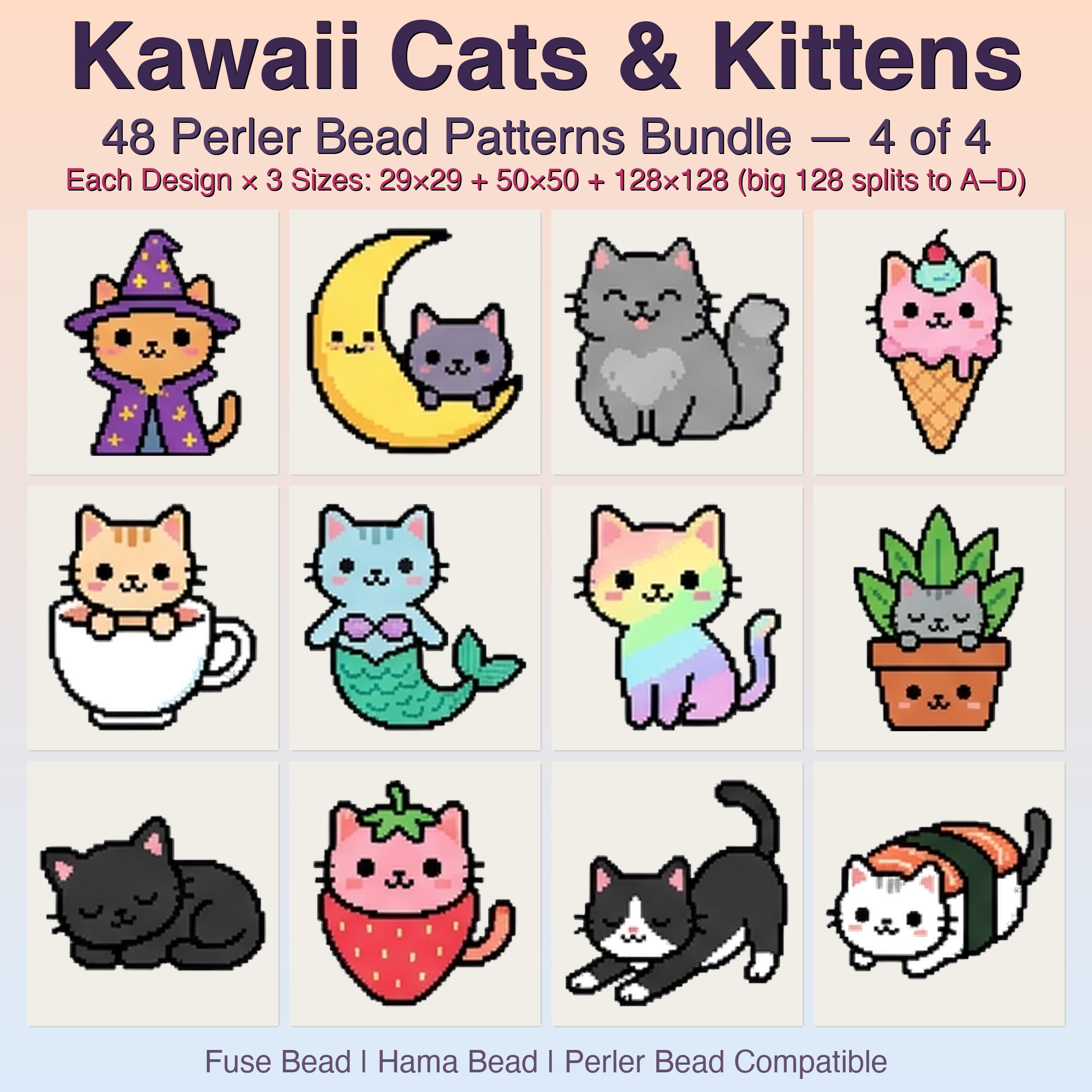 Kawaii Cats & Kittens Perler Bead Patterns, 48 Designs x 3 Grid Sizes (29x29 + 50x50 + 128x128), Fuse Bead PDF Digital Download