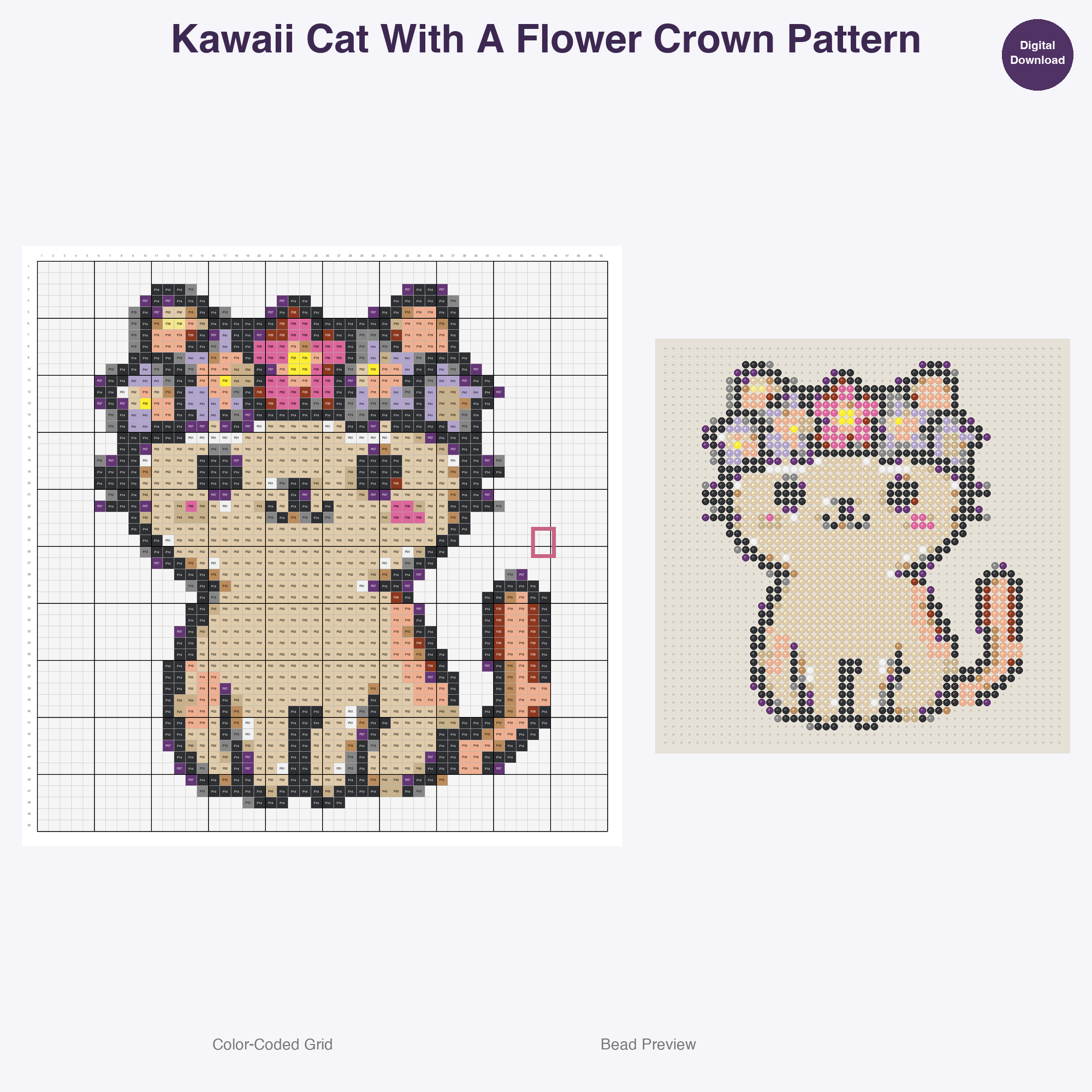 Kawaii Cats & Kittens Perler Bead Patterns, 48 Designs x 3 Grid Sizes (29x29 + 50x50 + 128x128), Fuse Bead PDF Digital Download
