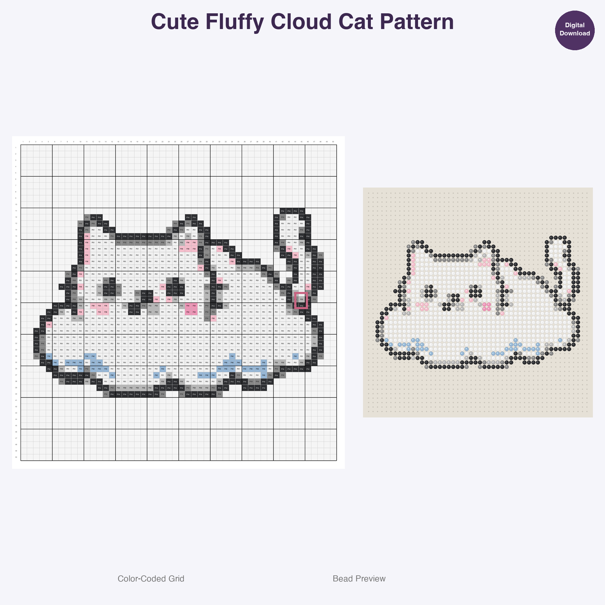 Kawaii Cats & Kittens Perler Bead Patterns, 48 Designs x 3 Grid Sizes (29x29 + 50x50 + 128x128), Fuse Bead PDF Digital Download