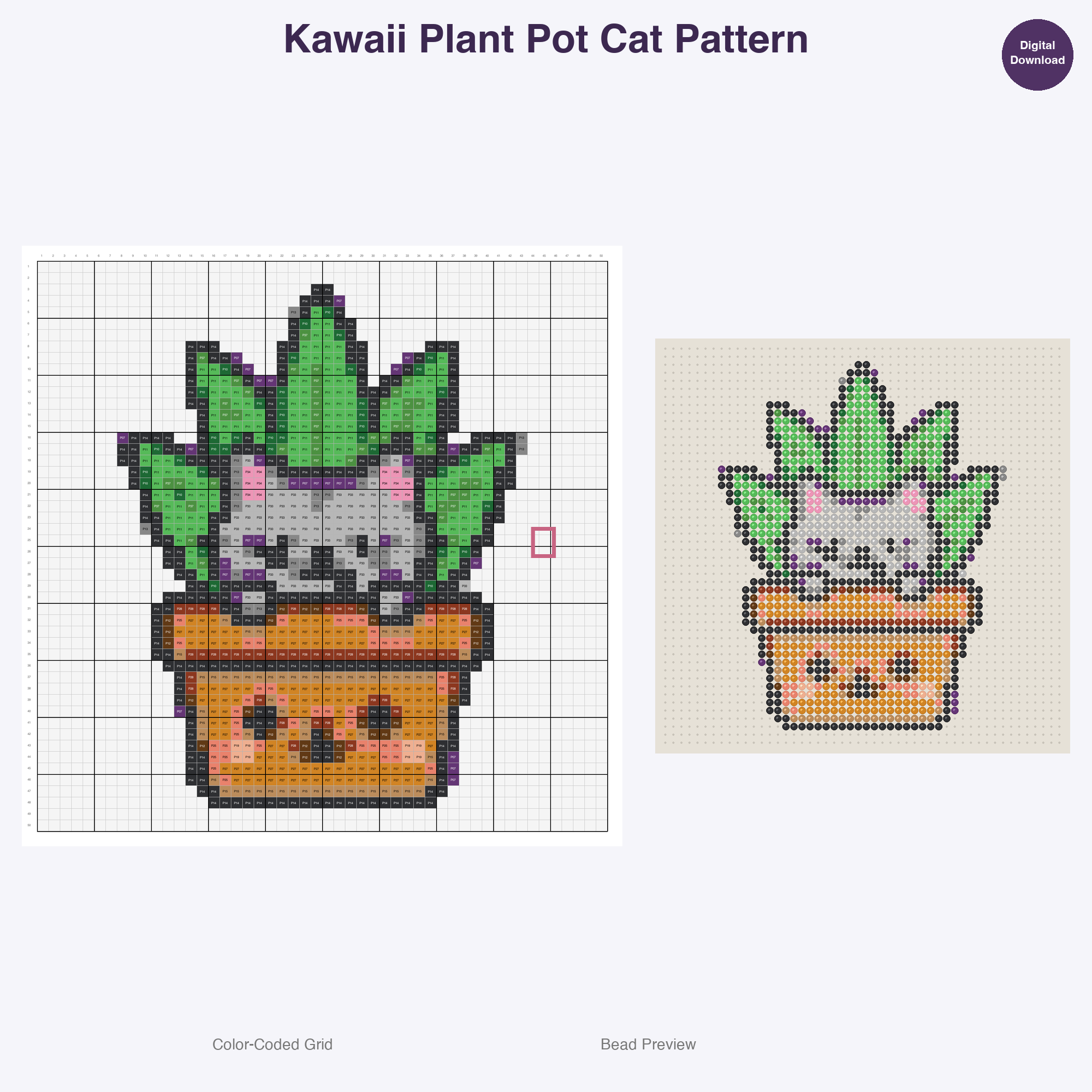 Kawaii Cats & Kittens Perler Bead Patterns, 48 Designs x 3 Grid Sizes (29x29 + 50x50 + 128x128), Fuse Bead PDF Digital Download